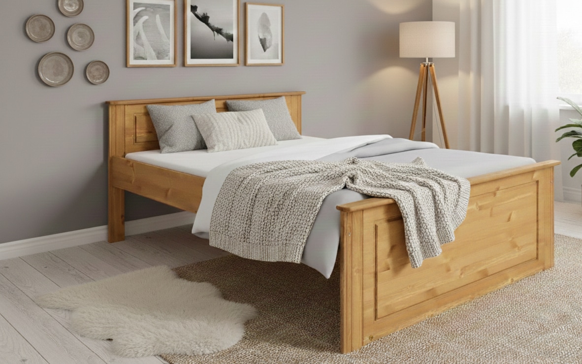 OTTO home Massivholzbett »Hugo, hohe Belastbarkeit! FSC® zertifiziertes Massivholz, Landhausstil« Breite/Belastbarkeit 180cm/200KG, 140cm/180KG,  Stauraumbett aus massiver Kiefer