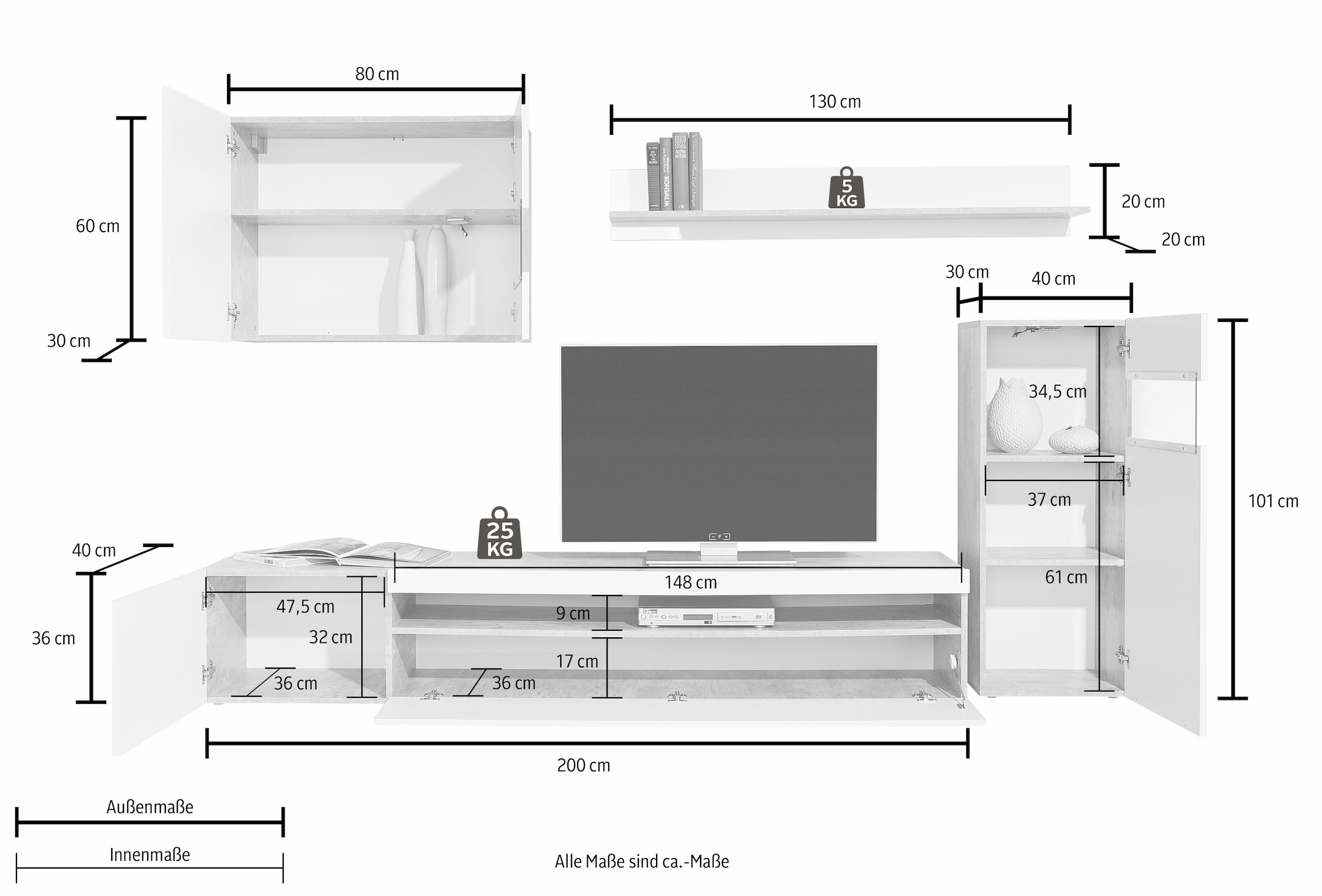 INOSIGN Wohnwand, (Set, 4 St., Set besteht aus 1 Hängevitrine, 1 Vitrine, 1 Lowboard und 1 Wandregal), weiß Korpus/ Front in Hochglanz, ohne Beleuchtung