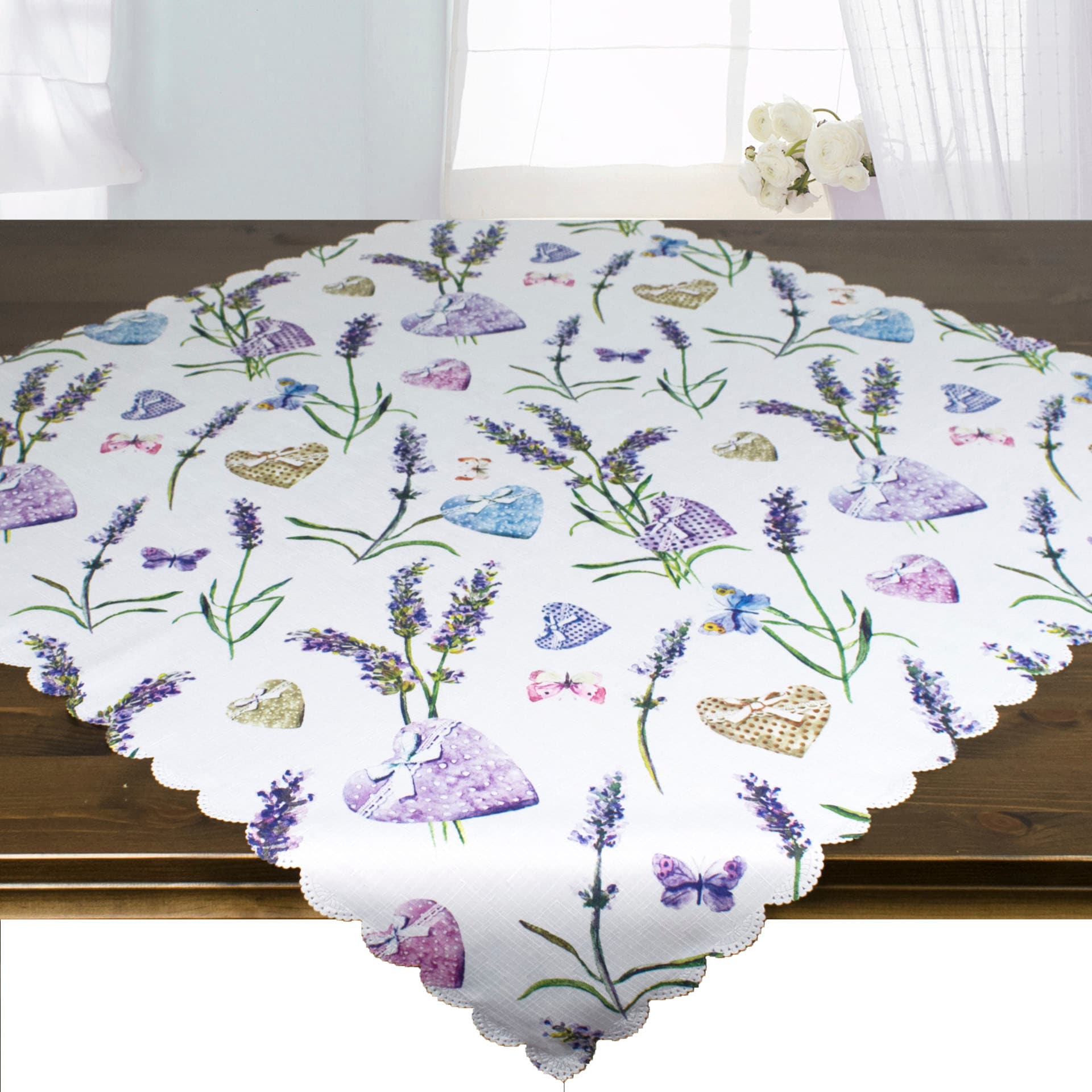 Delindo Lifestyle Mitteldecke "LAVENDEL + HERZ" Strukturgewebe, bedruckt