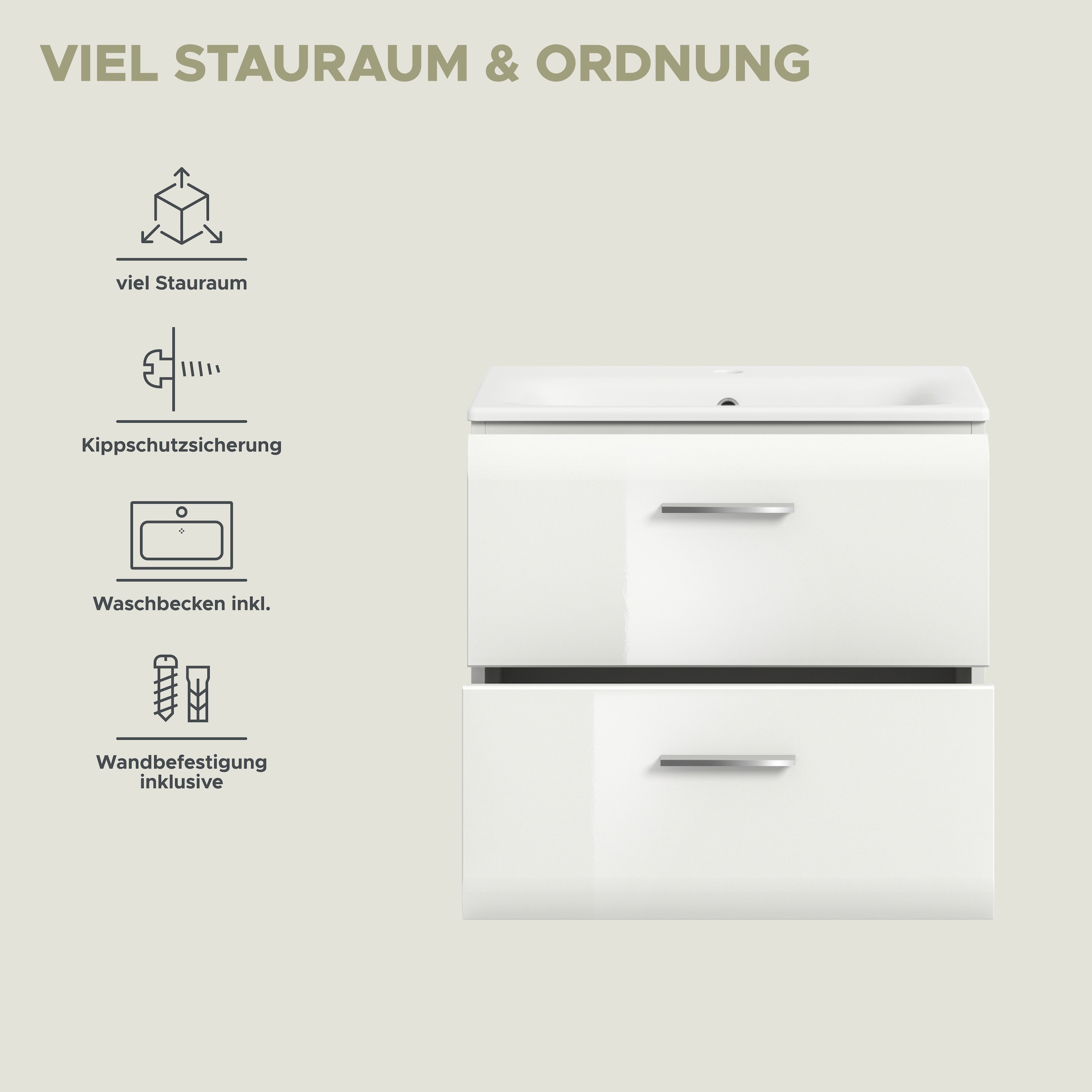 INOSIGN Waschbeckenunterschrank 2 Stk. tlg. Florenz, Waschtisch inkl. Waschbecken, Weiß Hochglanz Tiefzieh