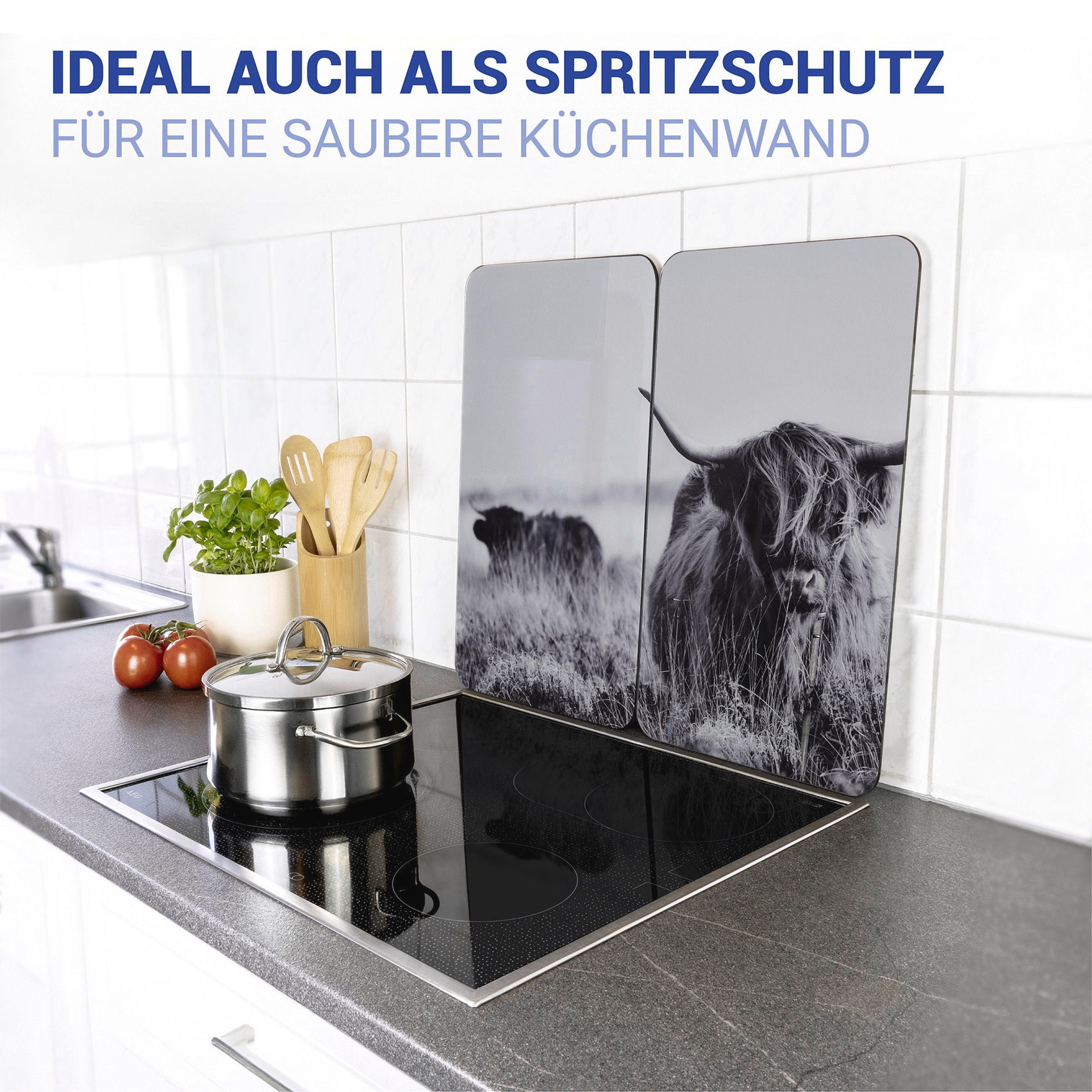 WENKO Herd-Abdeckplatte »Universal Modell Highland Cattle«, (Set, 2 tlg.), Herdabdeckung für alle Herdarten, kratzfest, mit rutschfesten Füßen