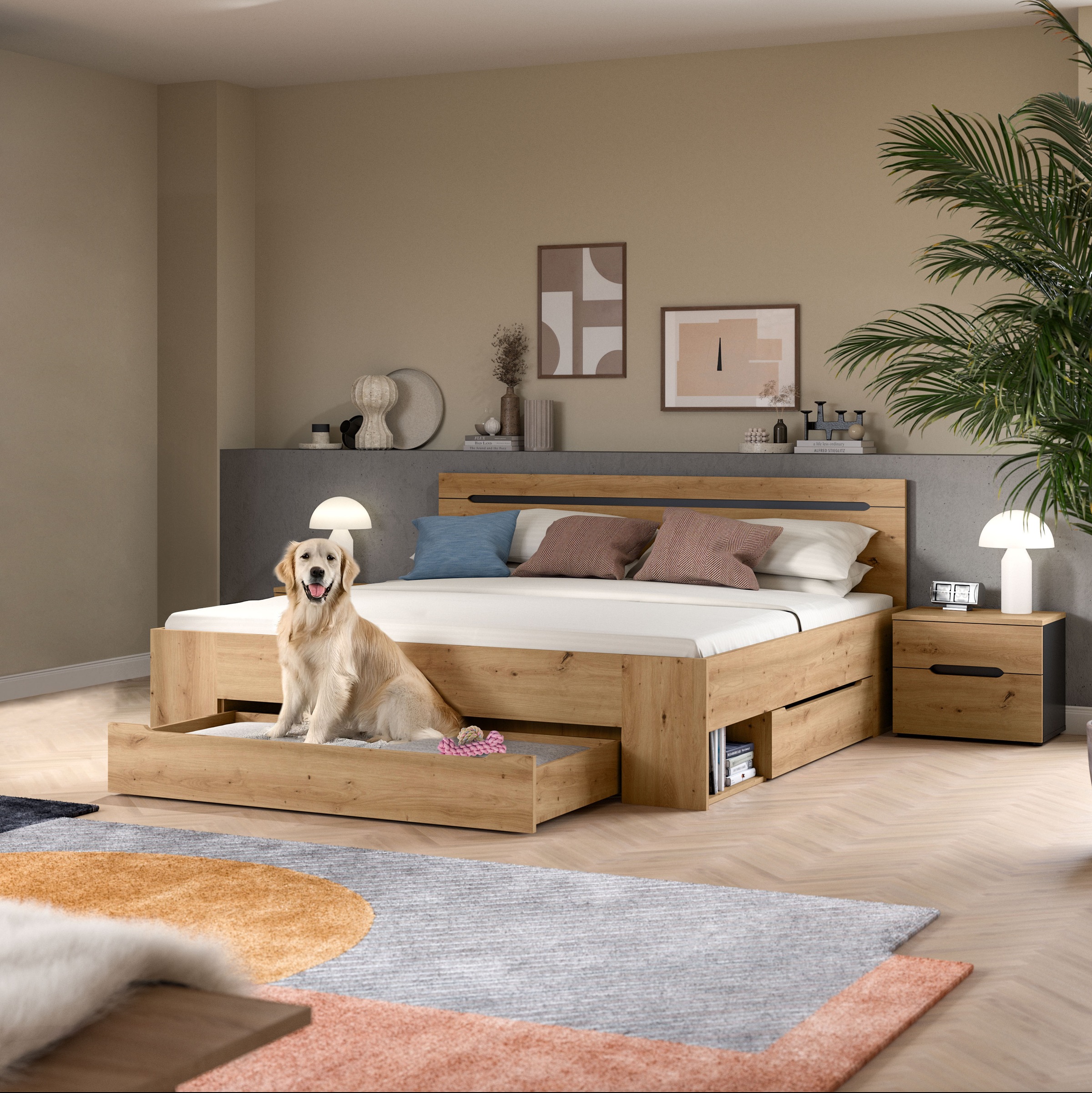 Home affaire Schlafzimmer-Set »REHAT, 3-teilig, bestehend aus: Stauraumbett & 2x Nachtkommode« TOPSELLER!, für Matratzengröße 140x200 cm, viel Stauraum, 3 Stk. tlg. Rehat, Schlafzimmerset, Bett 180x200 cm, Nachttische