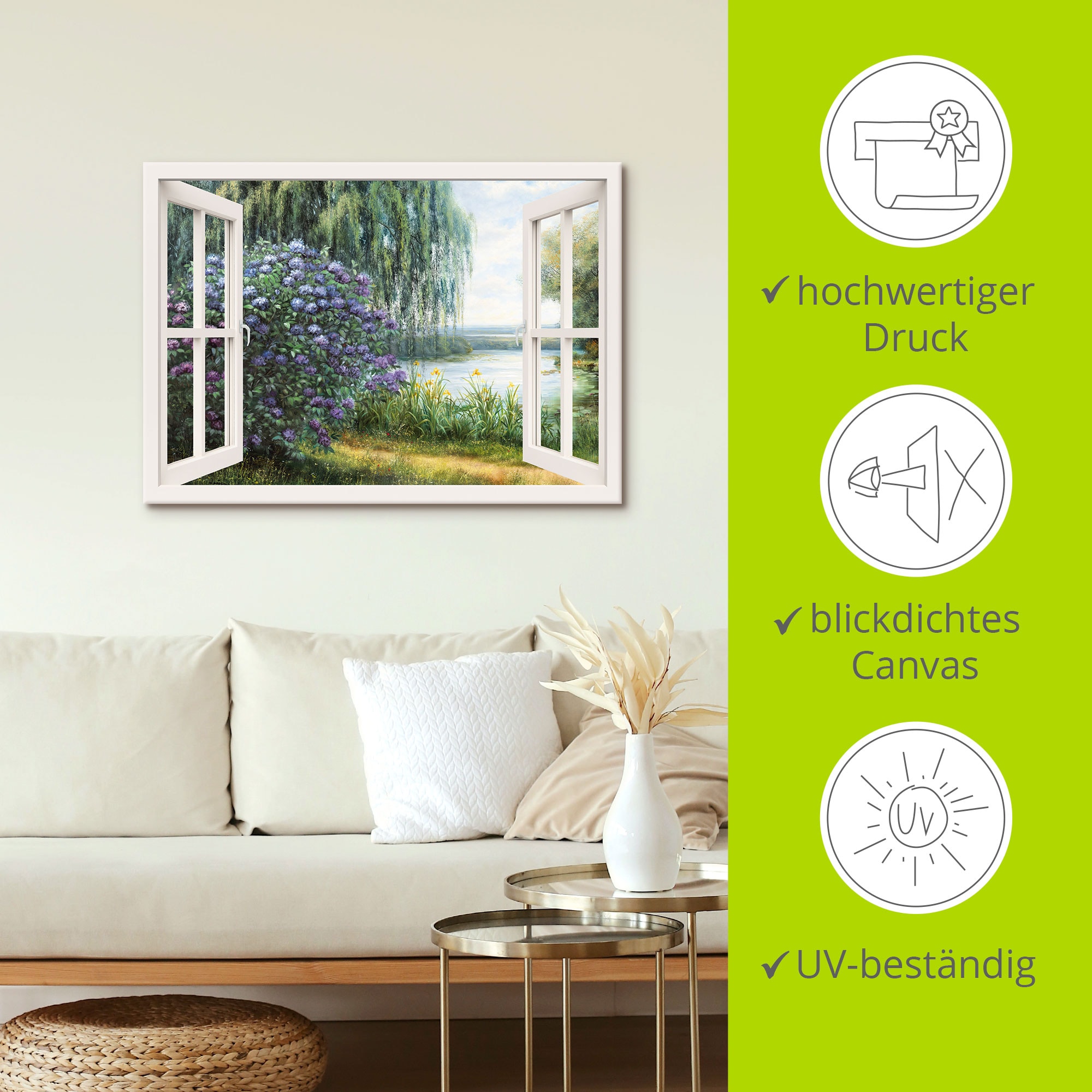 Artland Leinwandbild »Hortensien am See« Fensterblick 1 Stk. tlg. auf Holzrahmen gespannt