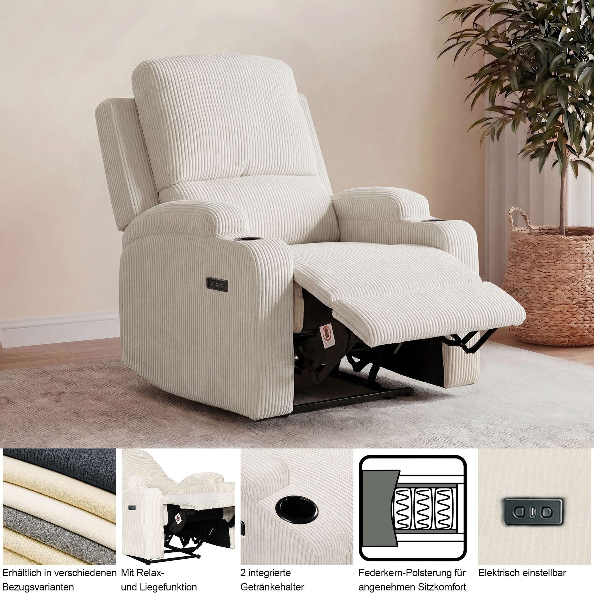 OTTO home Relaxsessel »NAPORI Microfaser, Kinosessel, Multimedia-Sessel« TV-Sessel mit manueller u elektrischer Relaxfunktion u. Getränkehalter