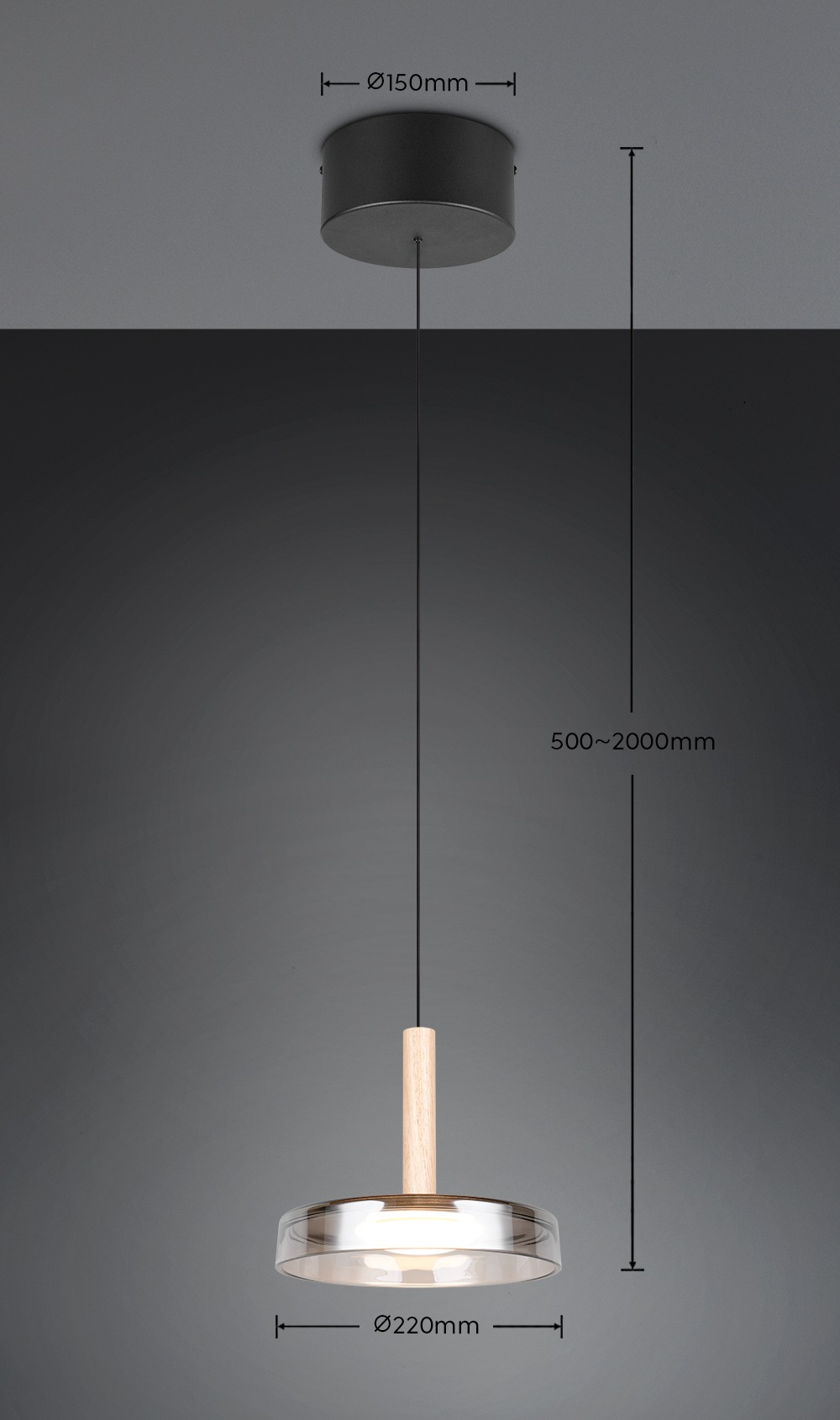TRIO Leuchten LED Pendelleuchte »CELESTE dimmbare LED Hängelampe aus Metall Glas & Holz, 10W 1100 Lumen« LED-Board 1 Stk. Warmweiß einfach höhenverstellbar von 50-200 cm, Ø 22cm, 3-Stufen Dimmfunktion