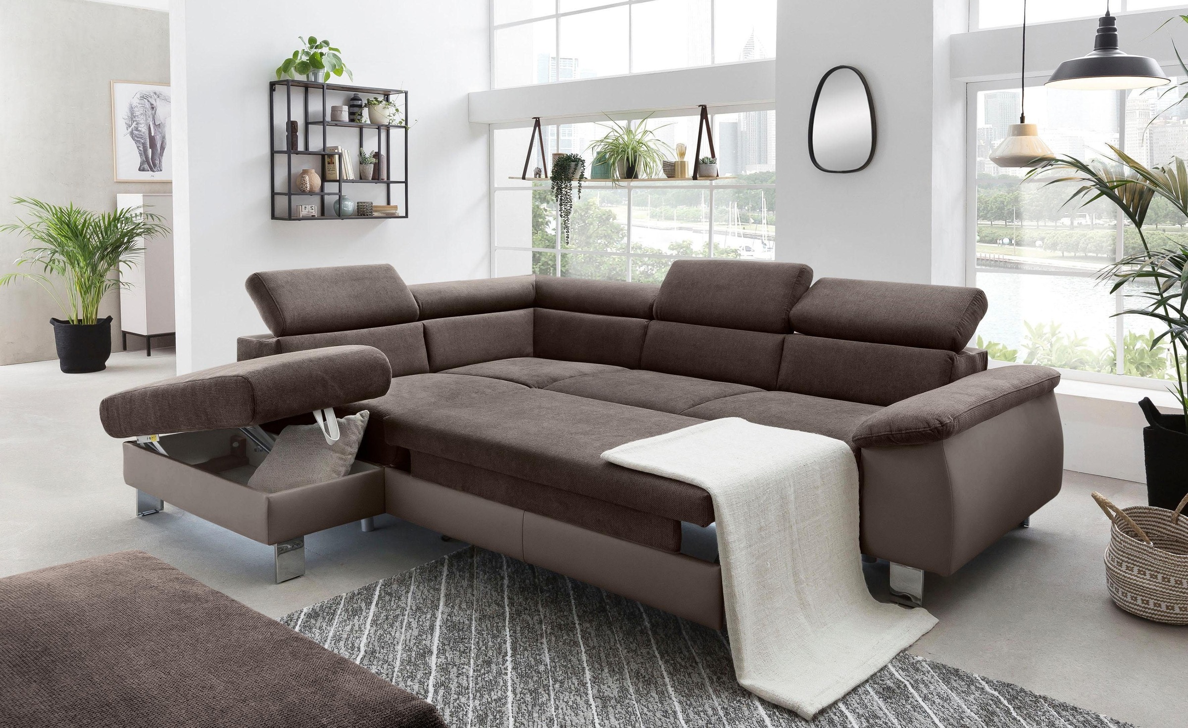 COTTA Ecksofa »Komaris L-Form mit Kopfteilverstellung«, wahlweise mit Bettfunktion, Bettkasten & Beleuchtung