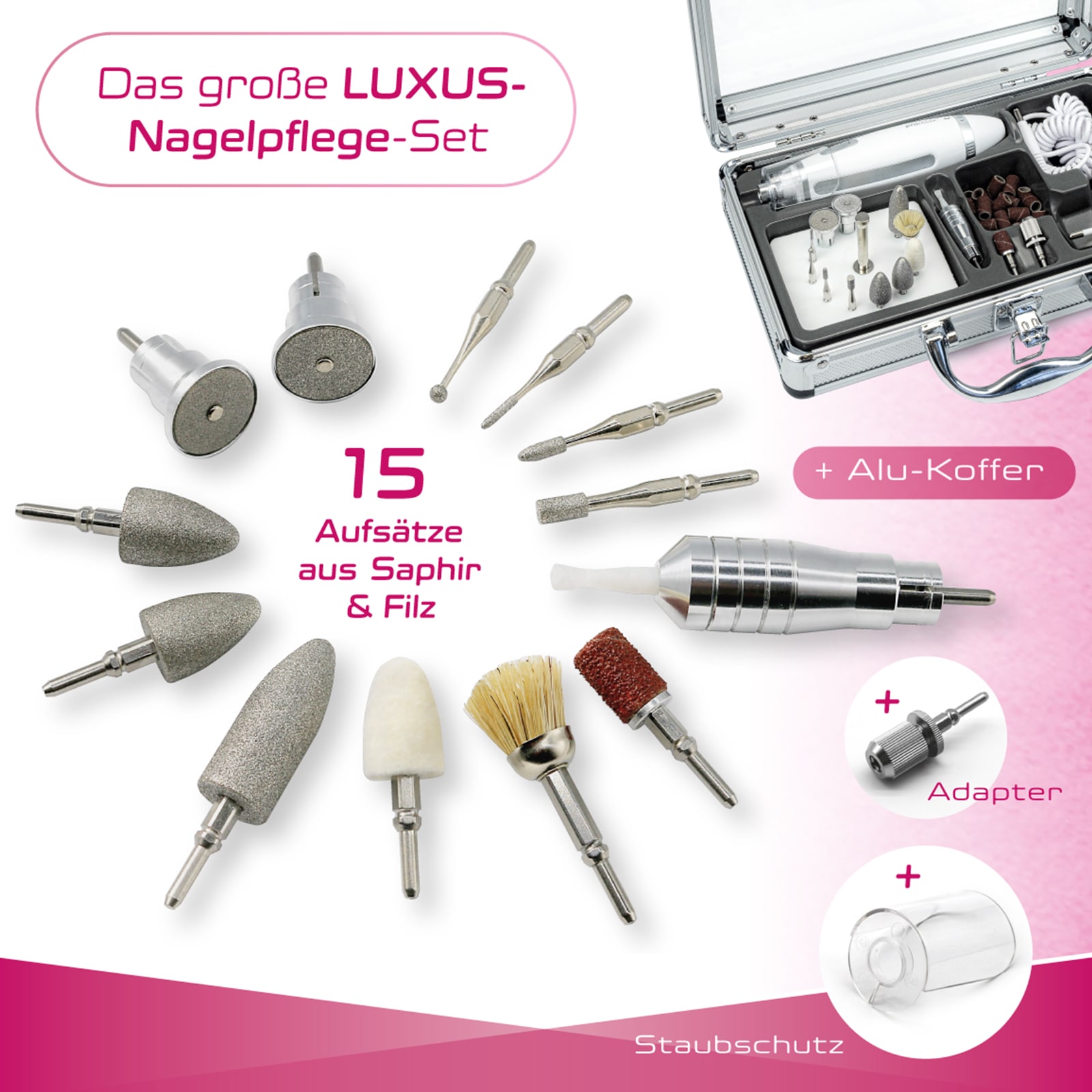 prorelax Maniküre-Pediküre-Set »52248 Deluxe«, 15 Aufsätze, Mit Alukoffer