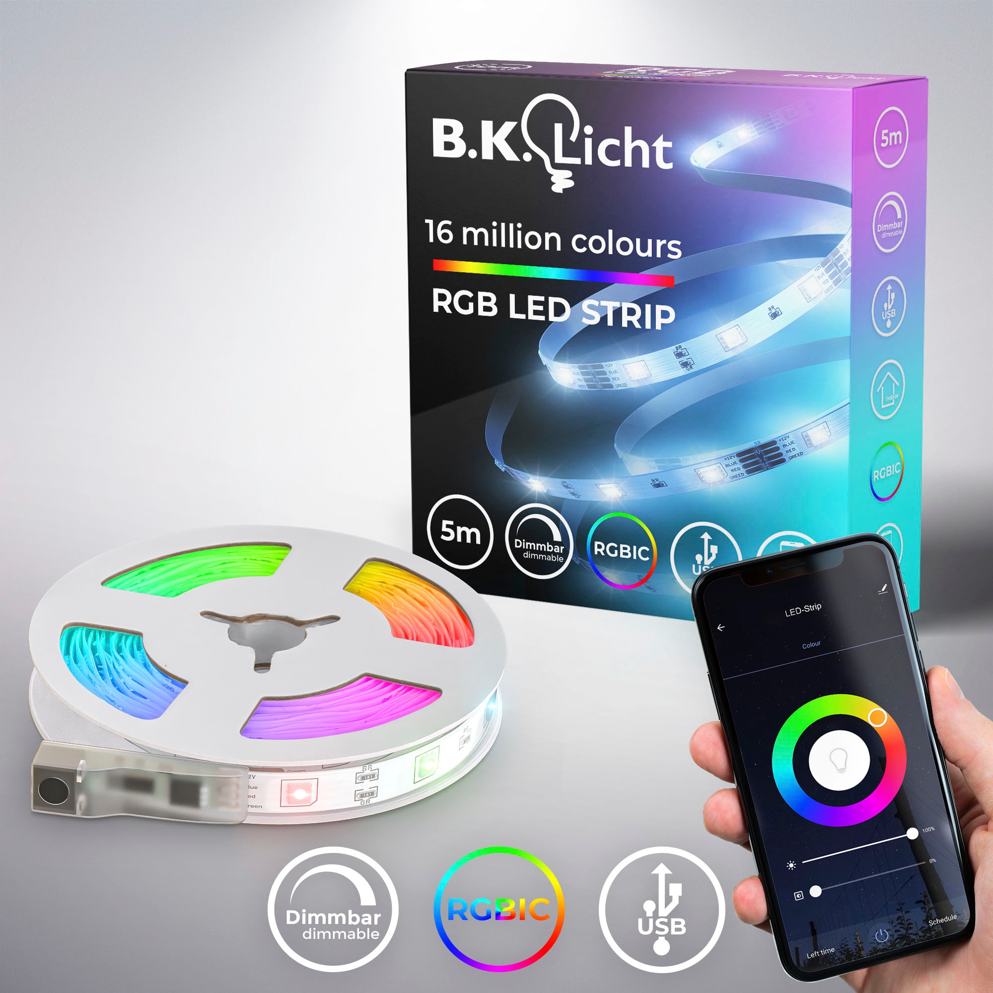 B.K.Licht LED-Streifen »Wifi RGBIC USB«, 150 St.-flammig, Lichtleiste, mit Musiksensor, smartes LED Band, Selbstklebend