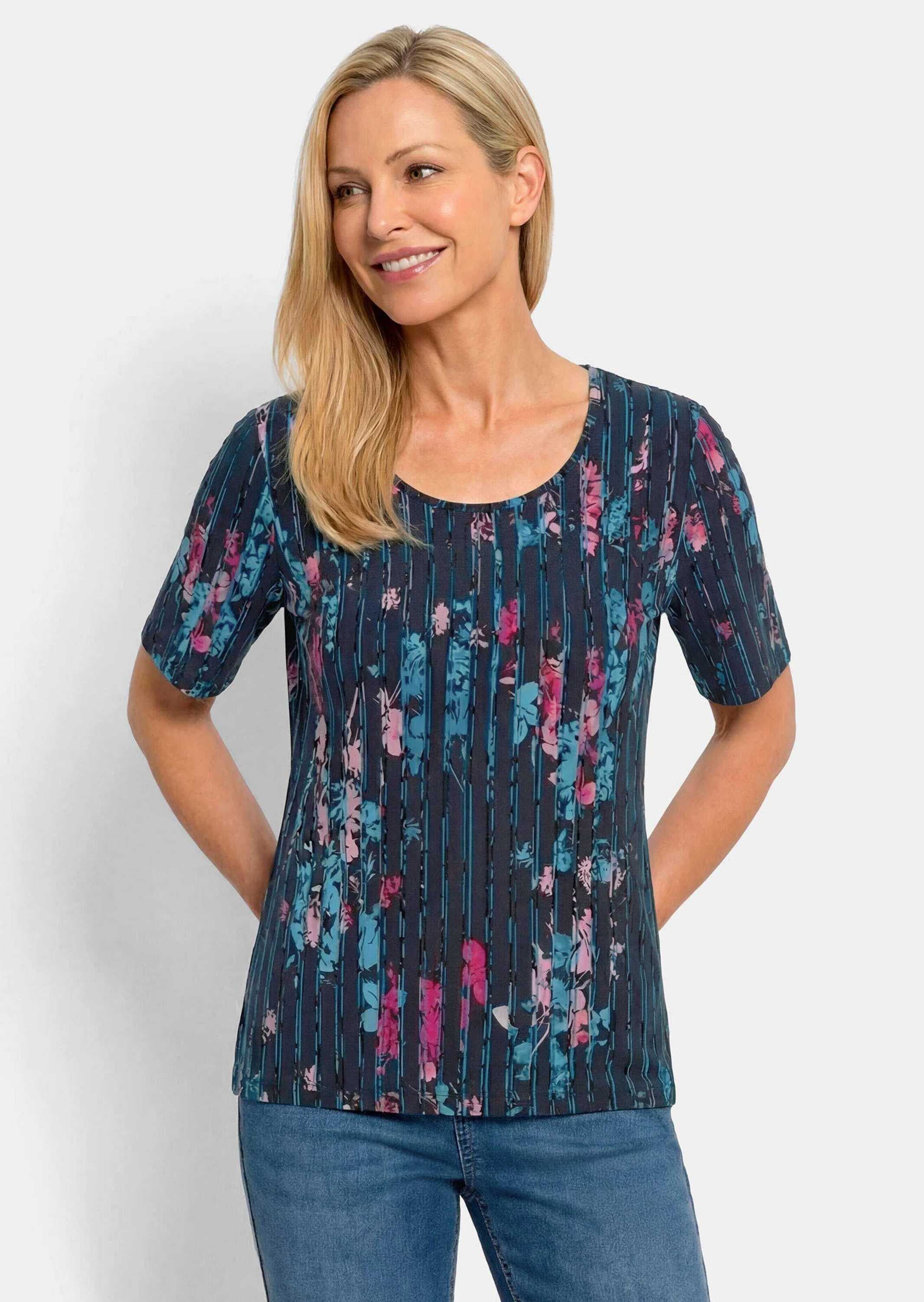 GOLDNER Kurzarmshirt »Kurzgröße Viskoseshirt mit Blüten und Längsstreifen« stretchbequemer Viskosejersey