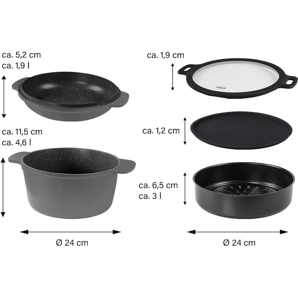 STONELINE Topf-Set, Aluminiumguss, (Set, 5 tlg., 1x Kochtopf mit Deckel, Dampfeinsatz, Topfuntersetzer, Servierplatte)