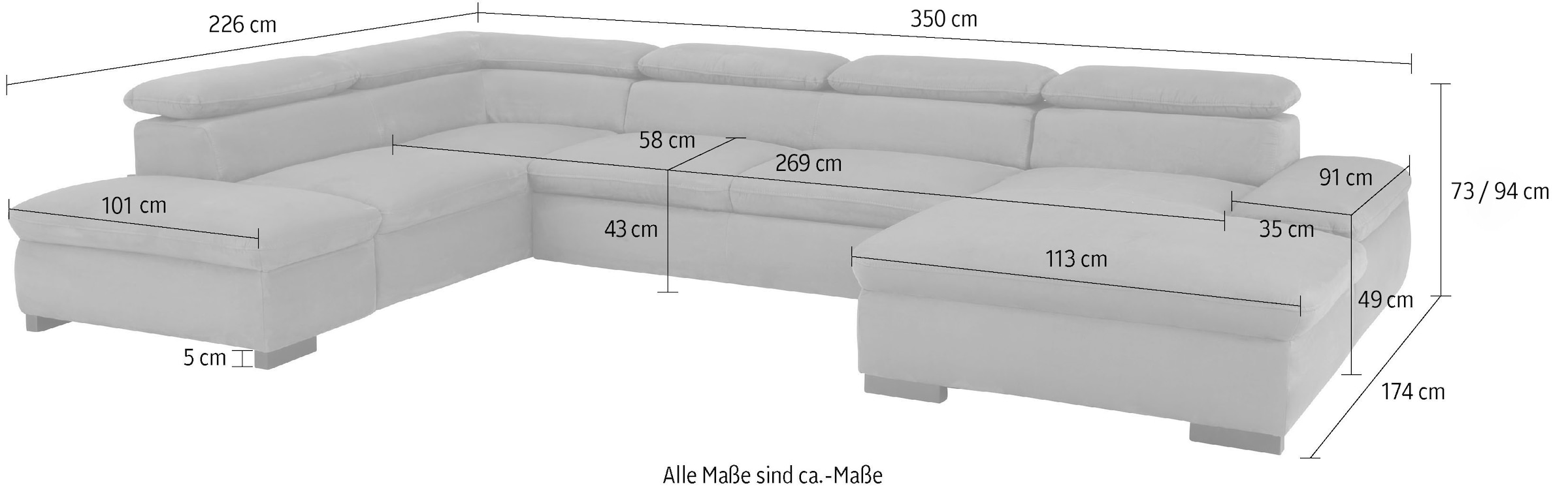 Home affaire Wohnlandschaft »Alberto U-Form«, mit Kopfteilverstellung, wahlweise mit Bettfunktion