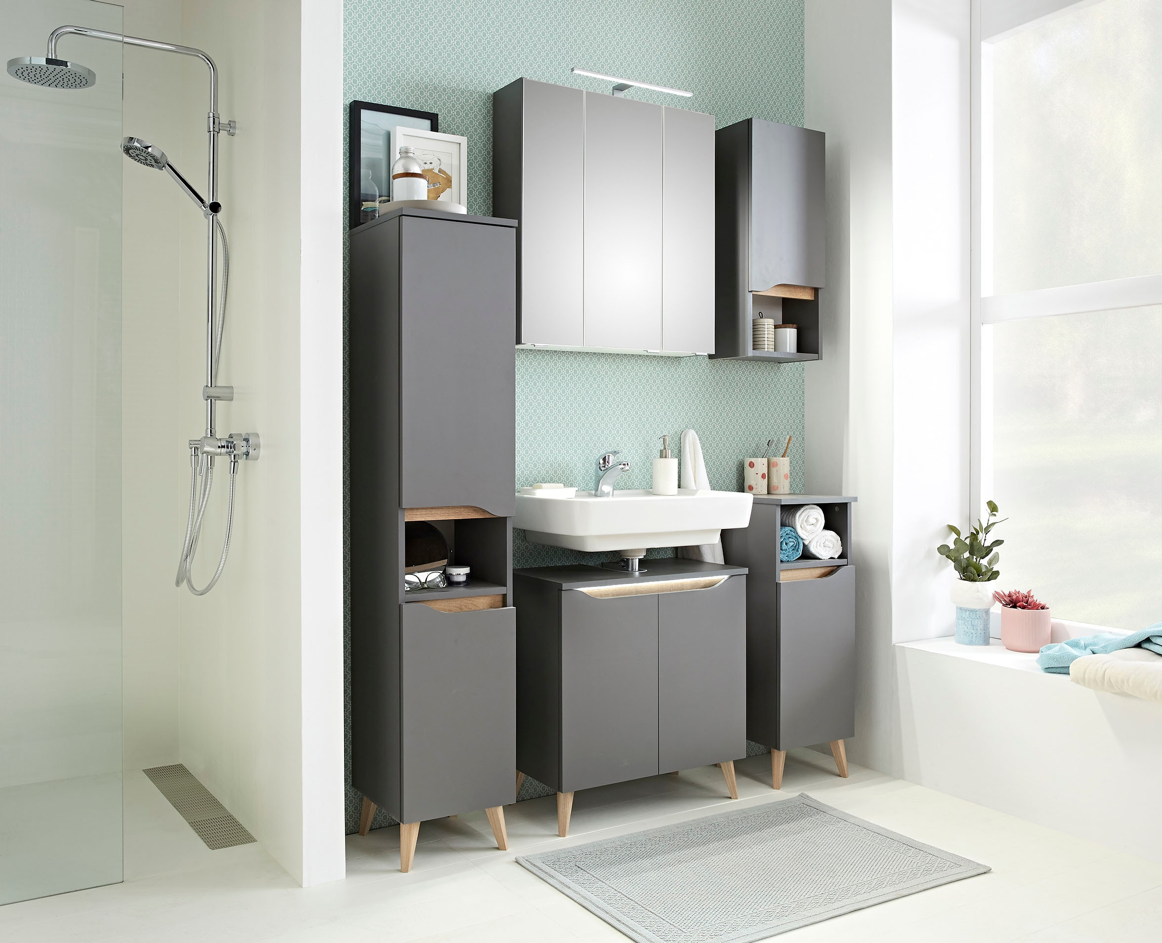 Saphir Badmöbel-Set »Quickset 5-teilig, Waschbeckenunterschrank mit LED-Spiegelschrank« 6 Stk. tlg.