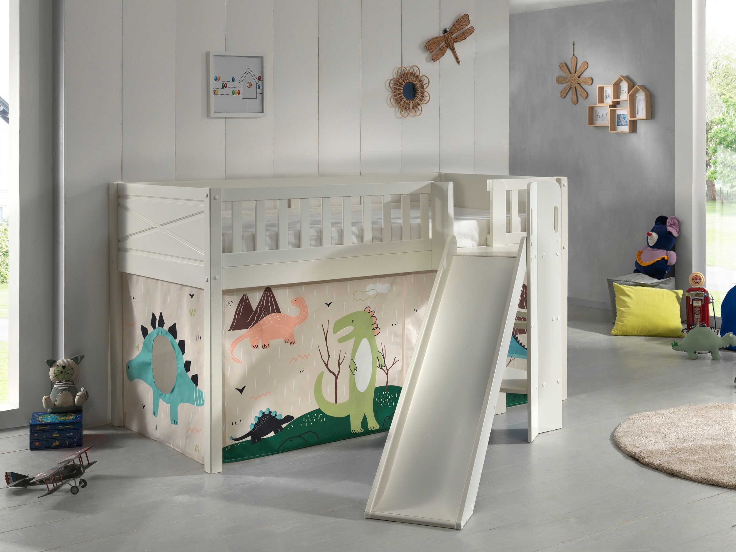 Vipack Hochbett »Scott«, (Made in Europe), m. Rutsch-/Leiterturm, LF 90x200 cm, Vorhang, Tunnel, 7 Designs