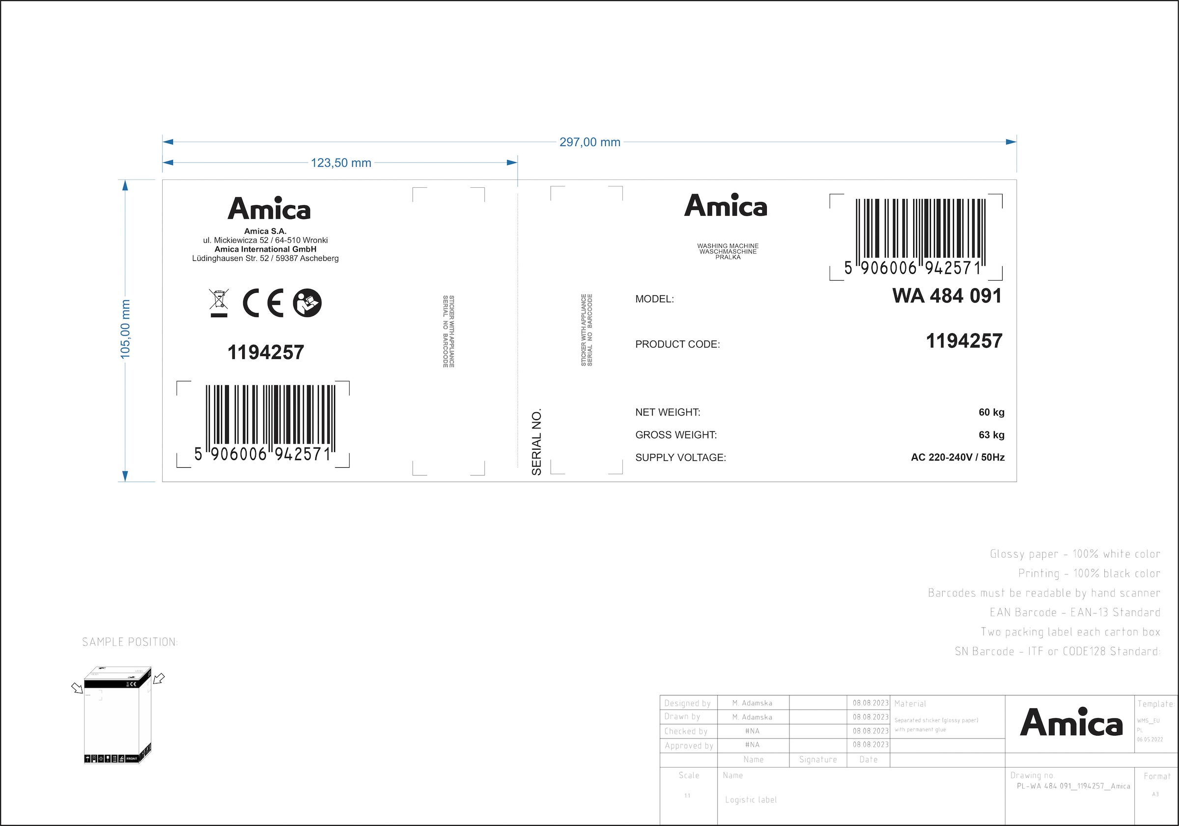 Amica Waschmaschine »WA 484 091«, 8 kg, 1400 U/min
