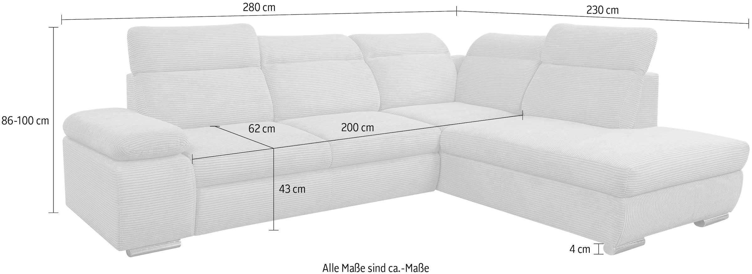 WERK2 Ecksofa »Alicante inkl. Kopfteilverstellung, Bett & Bettkasten, viel Platz« Cord, L-Form, XXL, Schlaffunktion, Bettkasten
