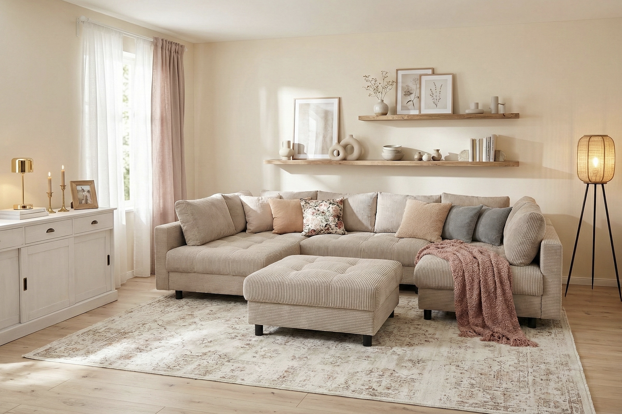 COLLECTION AB Wohnlandschaft »Toni U-Form, B: 298 cm« Set: Sofa & Hocker, 3 Zierkissen, Federkern