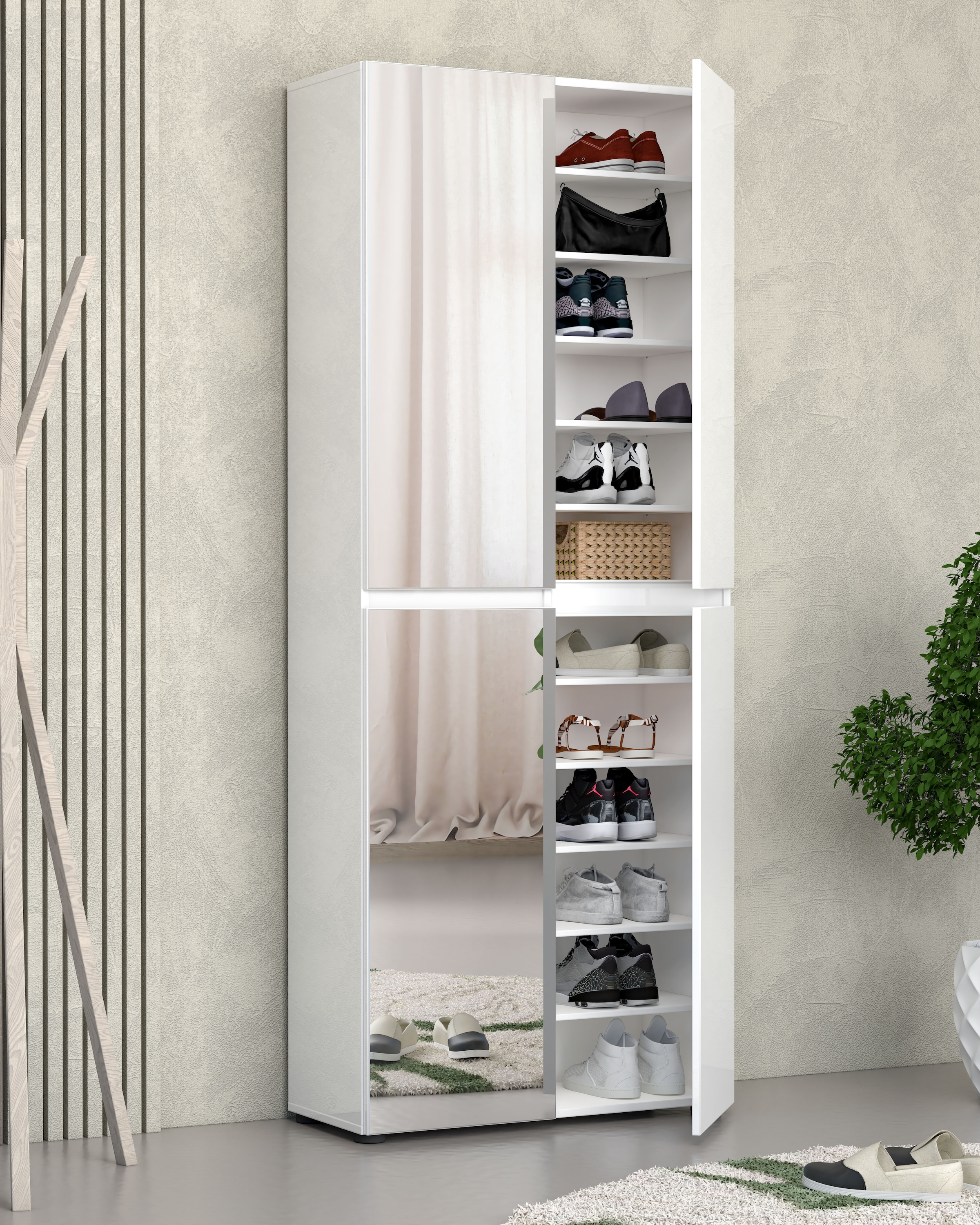 INOSIGN Schuhschrank »Mister,Schuhkommode,Schuhmöbel,Schuhablage,Schuhregal«, Breite 80 cm, Höhe 200 cm, Tiefe 34 cm, 4 Türen, 12 Fächer, 2 Spiegel