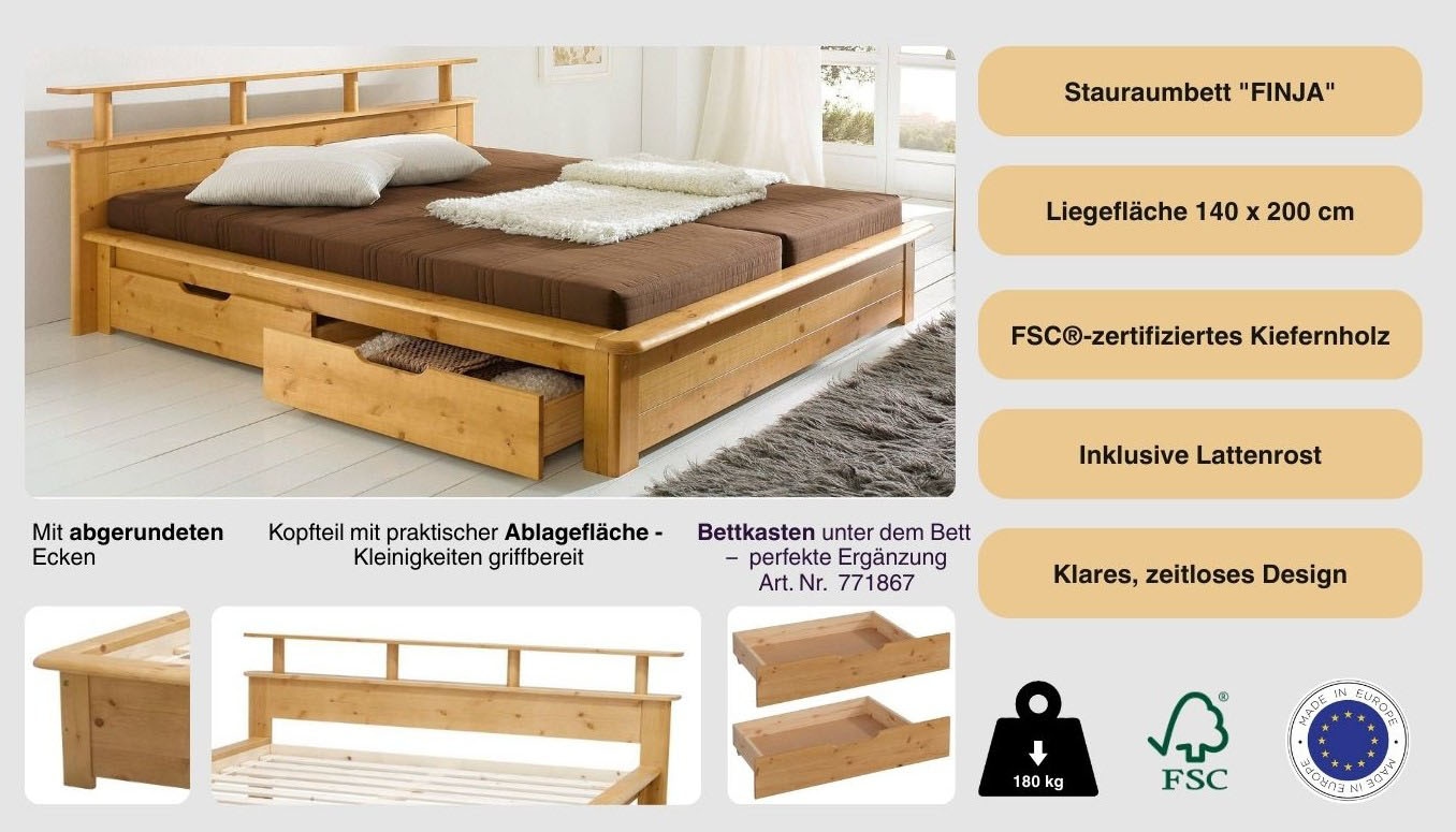 OTTO home Funktionsbett »"FINJA " Kieferbett, Futonbett, Kopfteil mit Ablagefläche« zertifiziertes Massivholz, Schubkästen optional