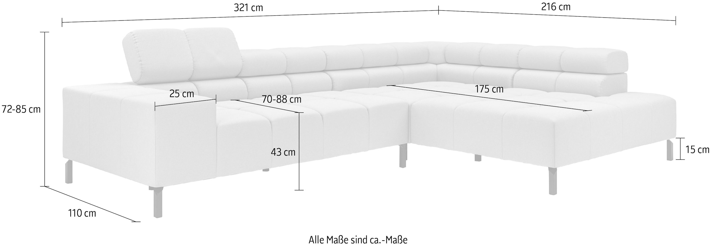 INOSIGN Ecksofa »Ancona New, wahlweise motorische Sitztiefenverstellung, auch Cord«, feine Steppung, mit Kopfteilverstellung, 3 Zierkissen, L-Form