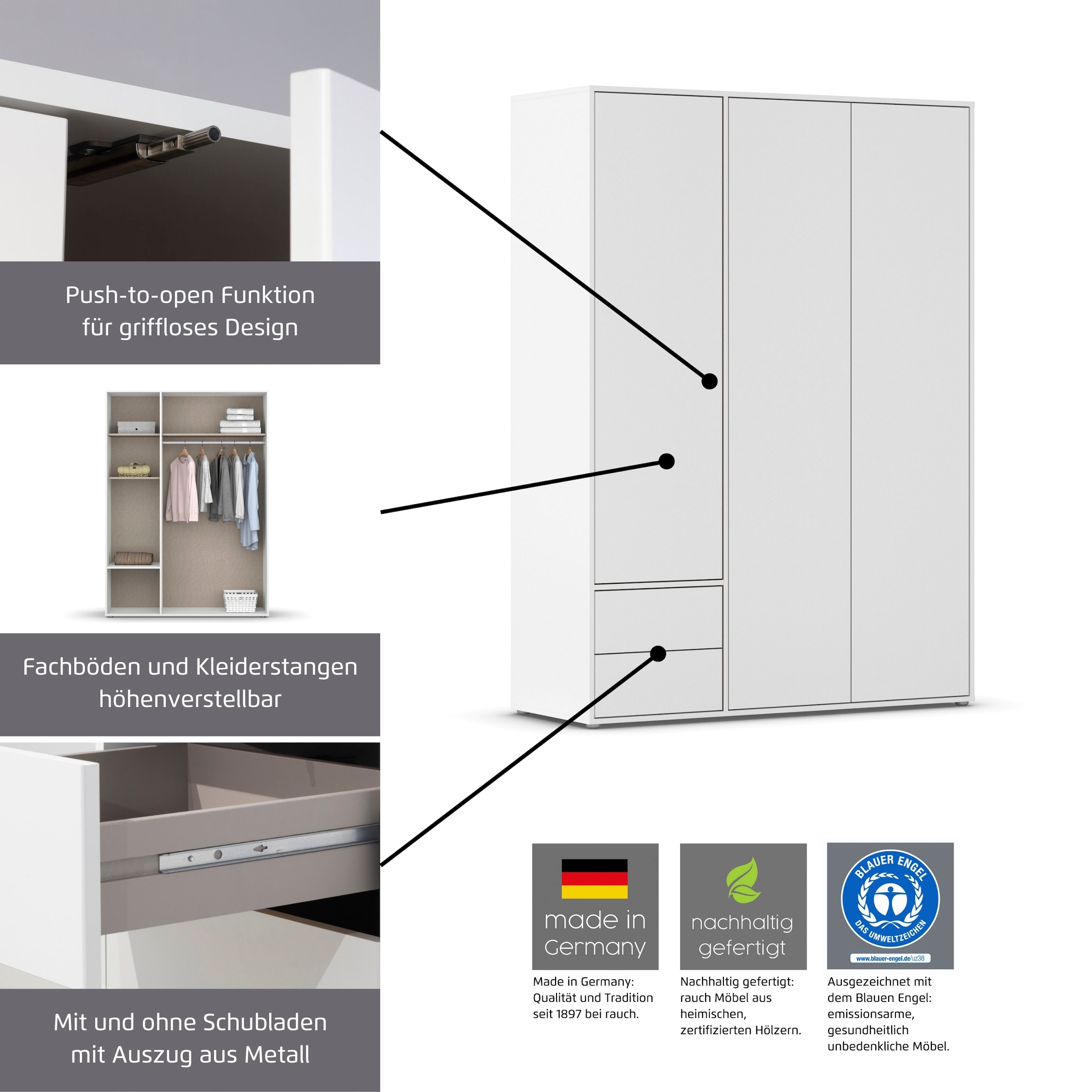 rauch Drehtürenschrank »Kleiderschrank Schrank Garderobe Wäscheschrank NABILA viel Stauraum«, in 2 Breiten mit Push-to-Open Funktion TOPSELLER MADE IN GERMANY