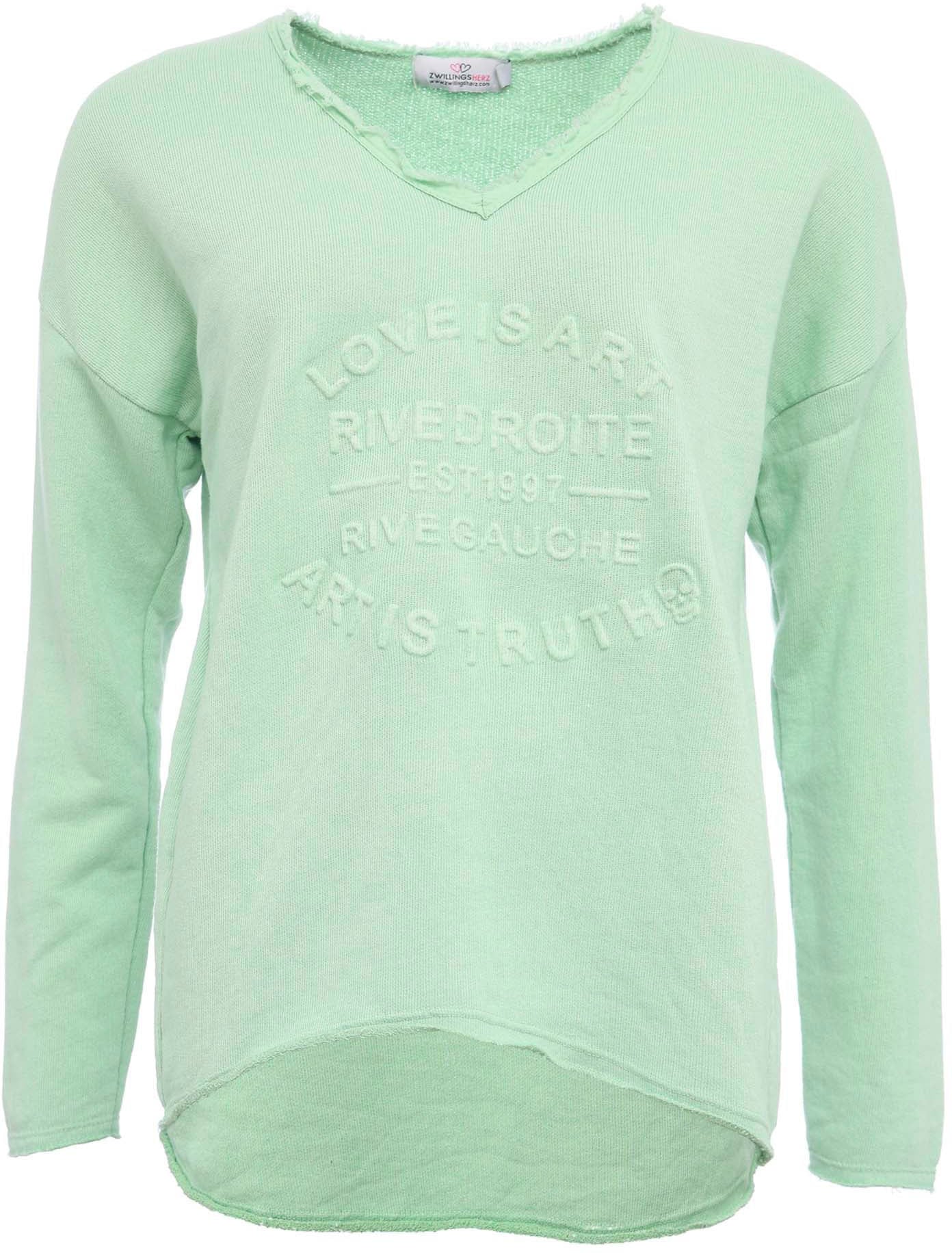 Zwillingsherz Sweatshirt, ausgefranster V-Ausschnitt, Vintage Look, Langarm