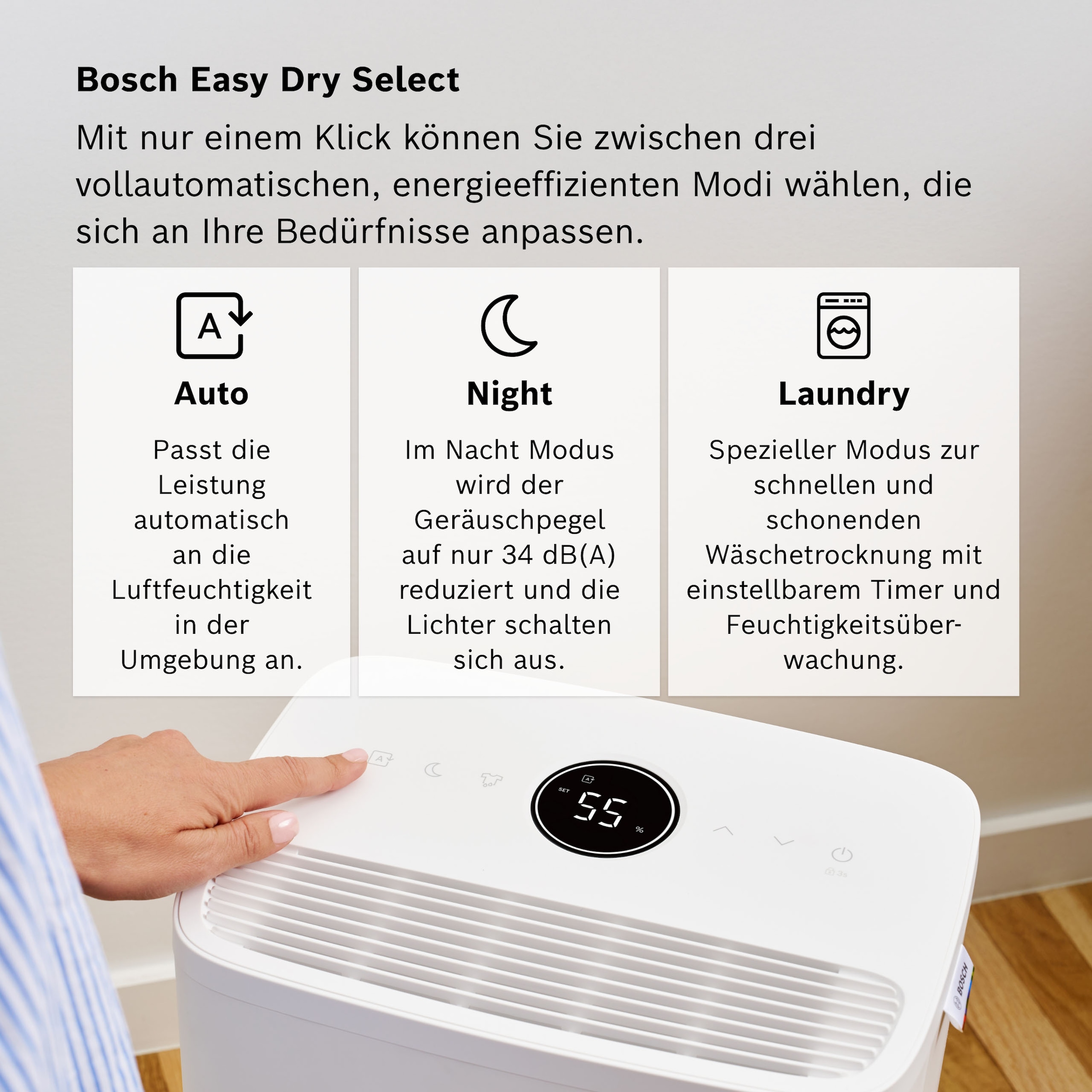 BOSCH Luftentfeuchter »Dry 1000 - Ideal für die Wohnung & schnelle Trocknung der Wäsche« Entfeuchtung 10 l/Tag Tank 2,5 l Ultra-leiser Betrieb; nur 34 dB(A)