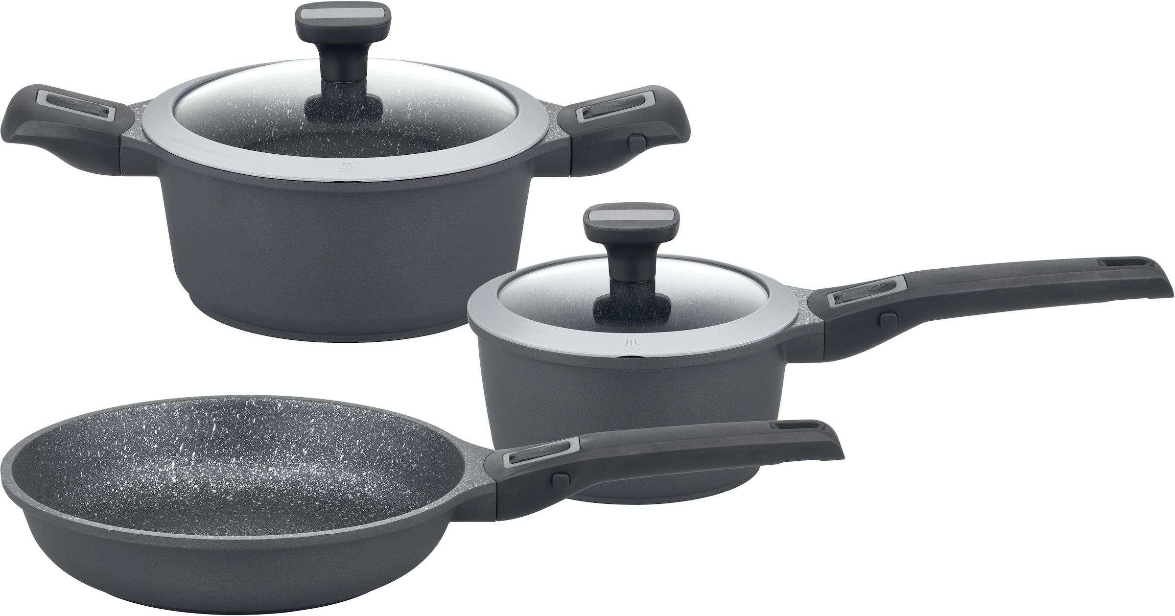 GSW Topf-Set "Easy Click" Set, 1x Kochtopf Ø 20 cm, 1x Stielkasserolle Ø 16 cm, 1x Bratpfanne Ø 24 cm, 5 Stk. tlg. Aluminiumguss