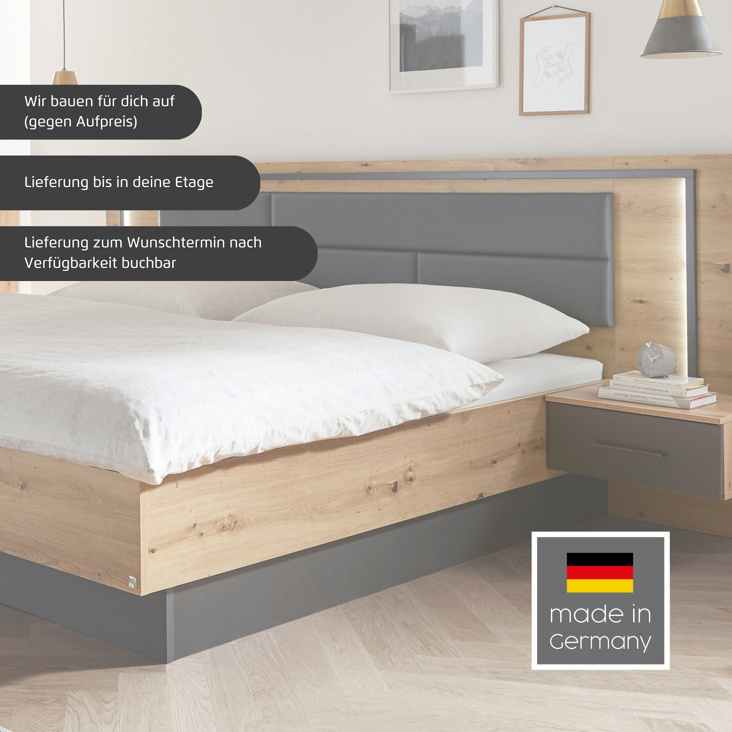 rauch »Bett Doppelbett Komortbett BILBAO-EXTRA« Set, Liegefläche 160x200 oder 180x200 cm, 3 tlg. tlg. Polster-Kopfteil in Lederoptik basalt, mit Beleuchtung MADE IN GERMANY