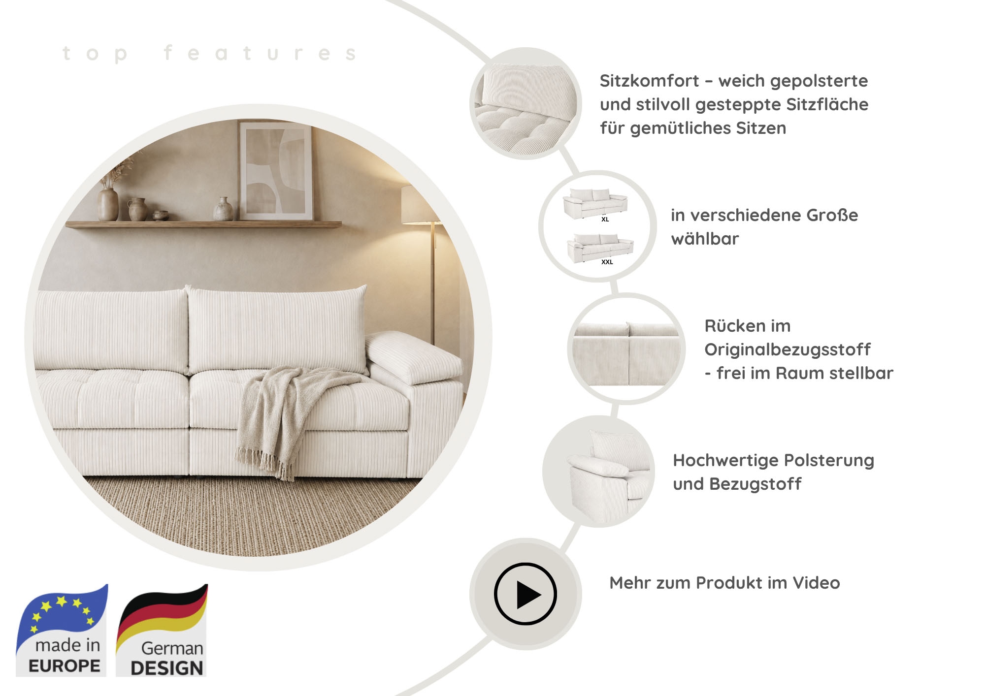 OTTO home Big-Sofa »Soft&Cosy Pik XXL, B: 303 cm, Mega Sofa in Cord« Lounge-Komfort mit edler Sitzsteppung, Federkern