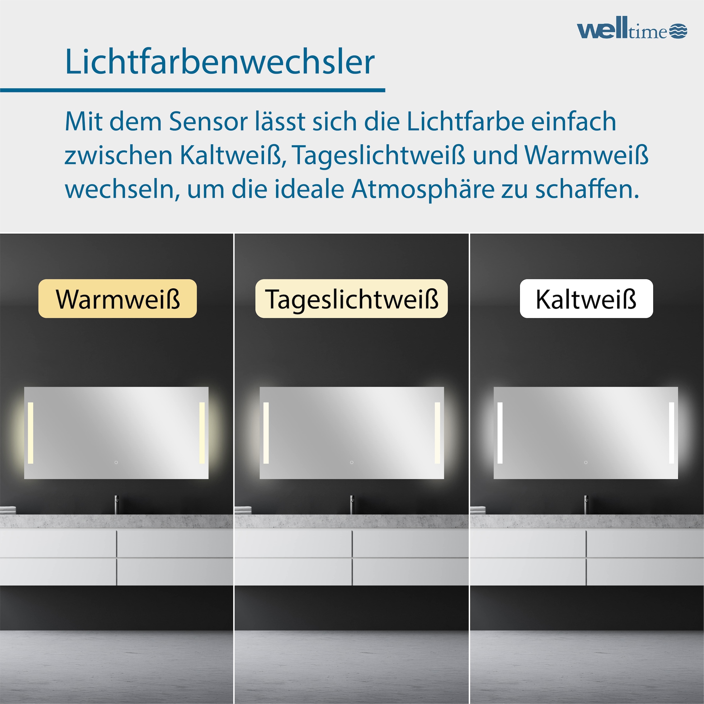 welltime LED-Lichtspiegel »Plaza«, mit Lichtfarbenwechsler und Dimmschalter, in verschiedenen Größen