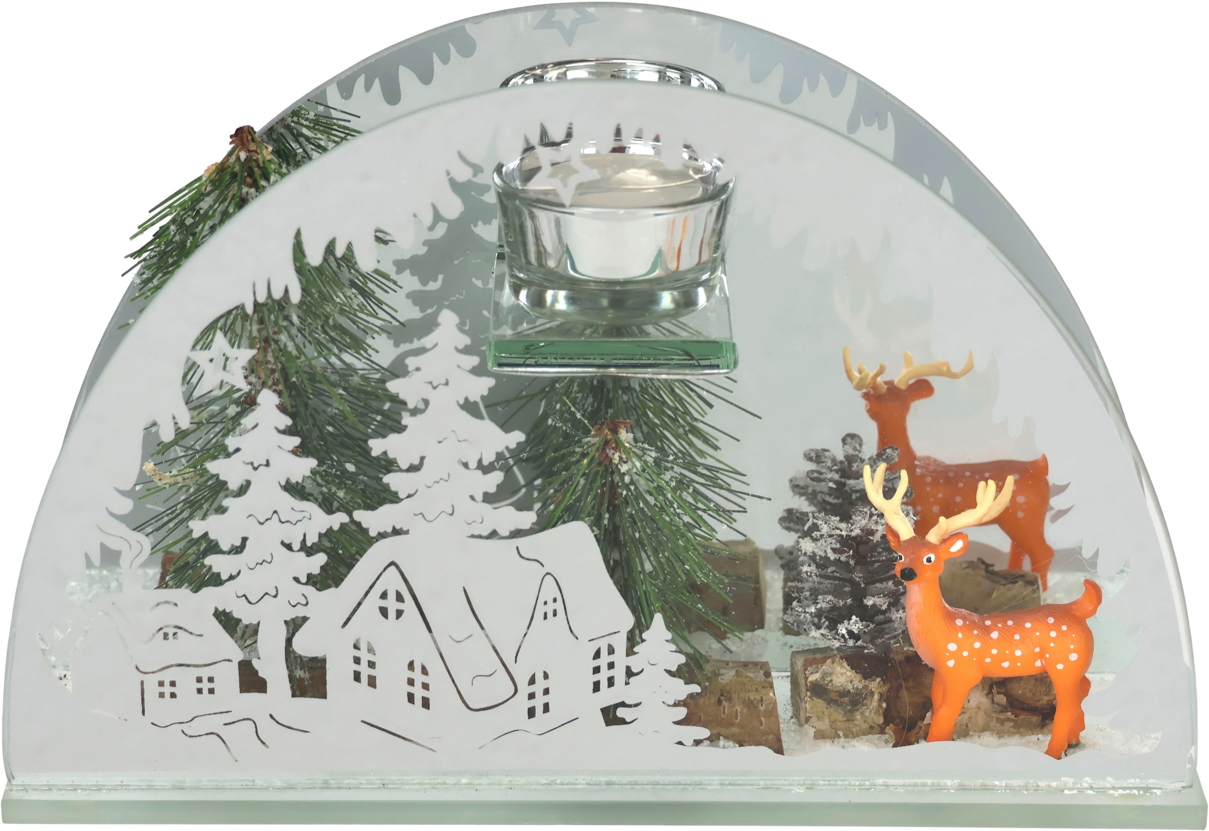 I.GE.A. Teelichthalter »Weihnachtsdeko, Kerzenhalter, Deko-Objekt«, (1 St.), aus Spiegelglas, mit Hirsch-Deko in Winterlandschaft, Höhe ca. 15 cm