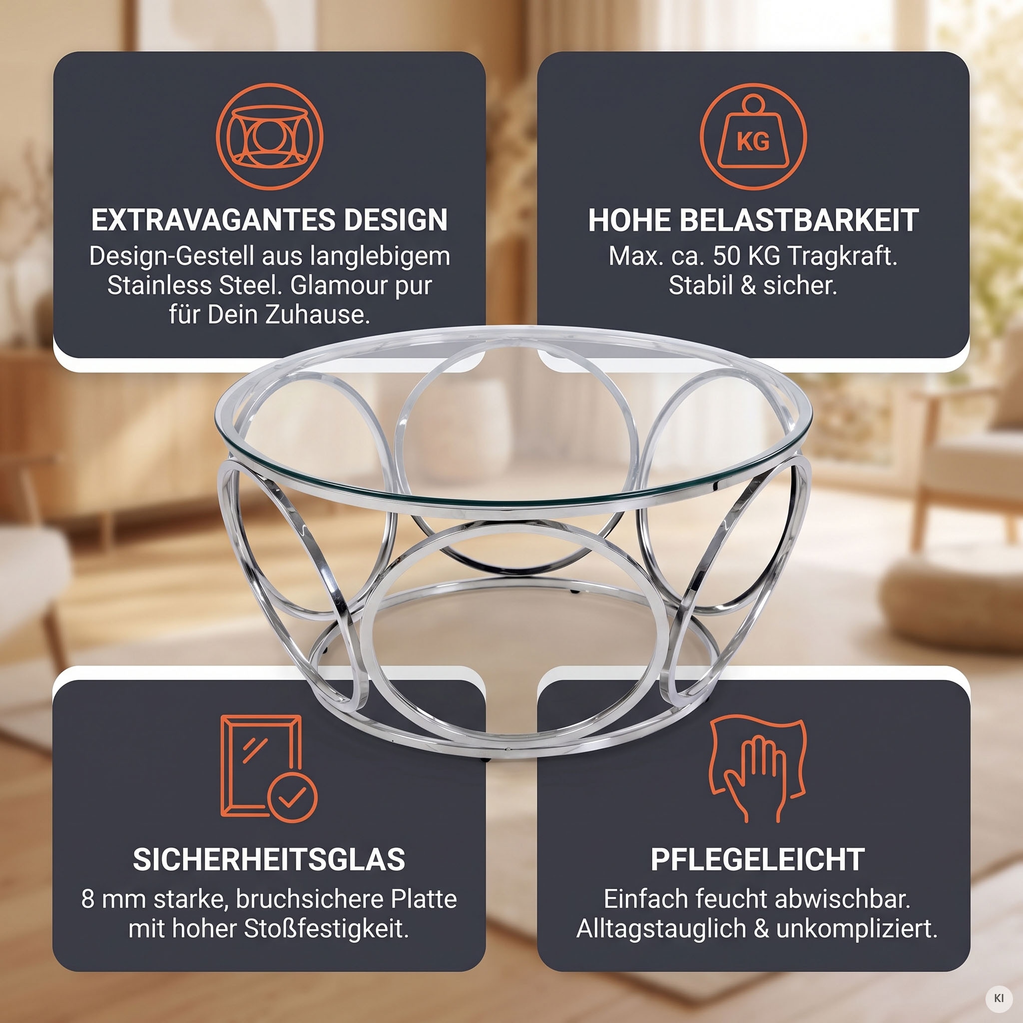 SalesFever Couchtisch »Couchtisch im eleganten Stil« mit Design-Gestell aus Stainless Steel