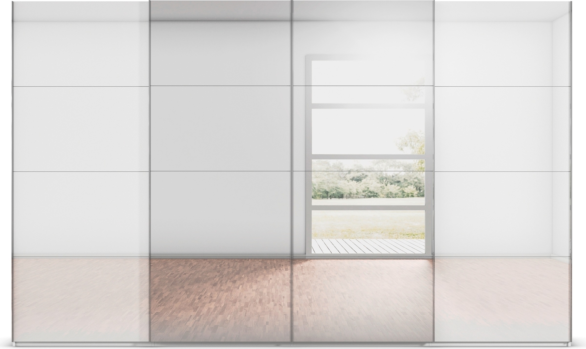 rauch Schwebetürenschrank »Kleiderschrank Schrank Garderobe Schlafzimmerschrank SCALE-FYRA«, edle viergeteilte Türen Spiegel/Glas-Mix viele Farben MADE IN GERMANY