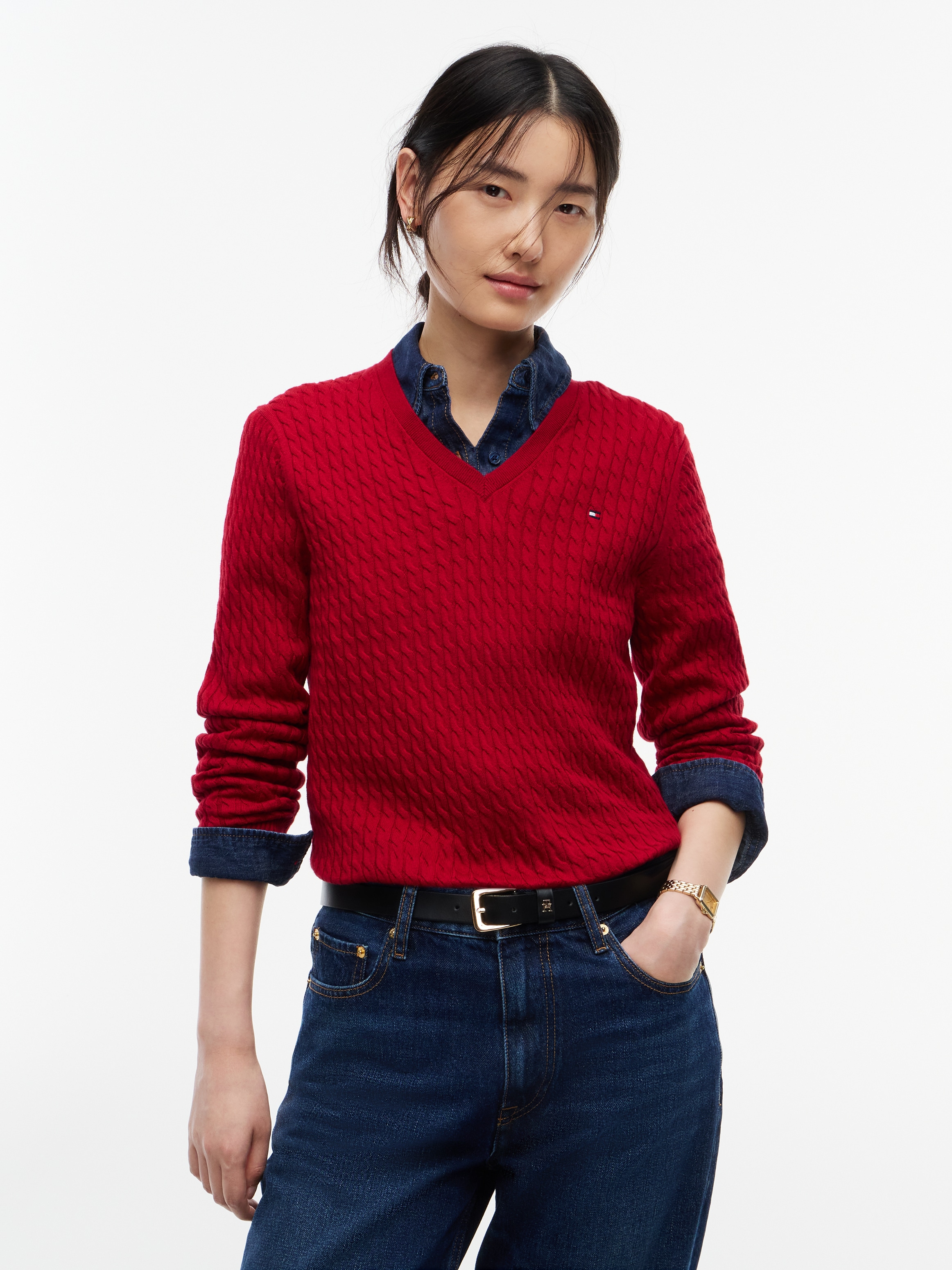Tommy Hilfiger Strickpullover »CO CABLE FINE GG V-NK LS SWT« Baumwolle, mit Zopfmuster