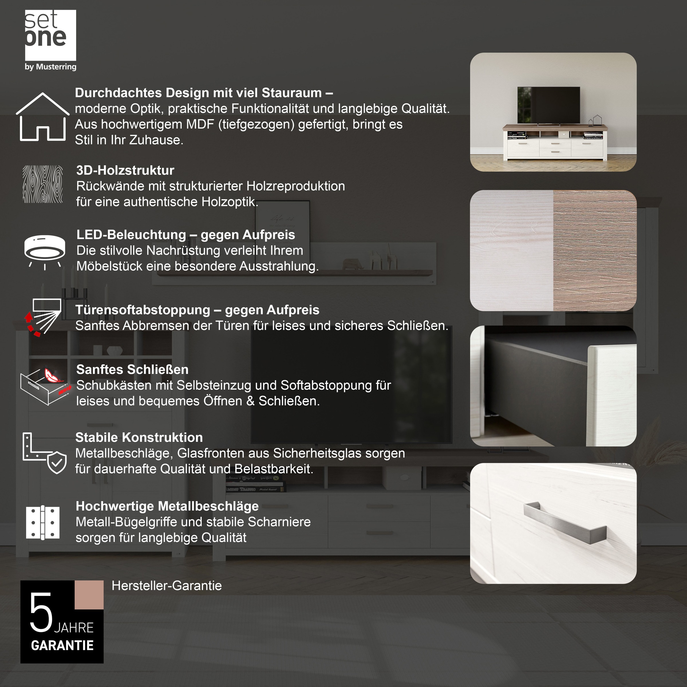 set one by Musterring Lowboard »York« Typ 35, mit 4 Schubkästen, Beleuchtung optional, Breite 200 cm