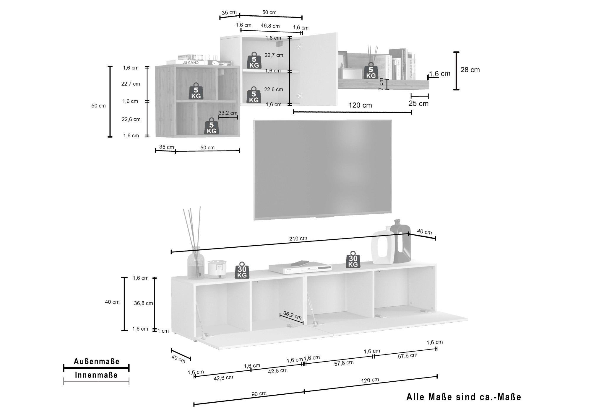 INOSIGN TV-Wand »Chronos TV-Set, Wohnwand – Elemente frei platzierbar, Made in Italy« Set, 5-er set, 5 Stk. tlg.