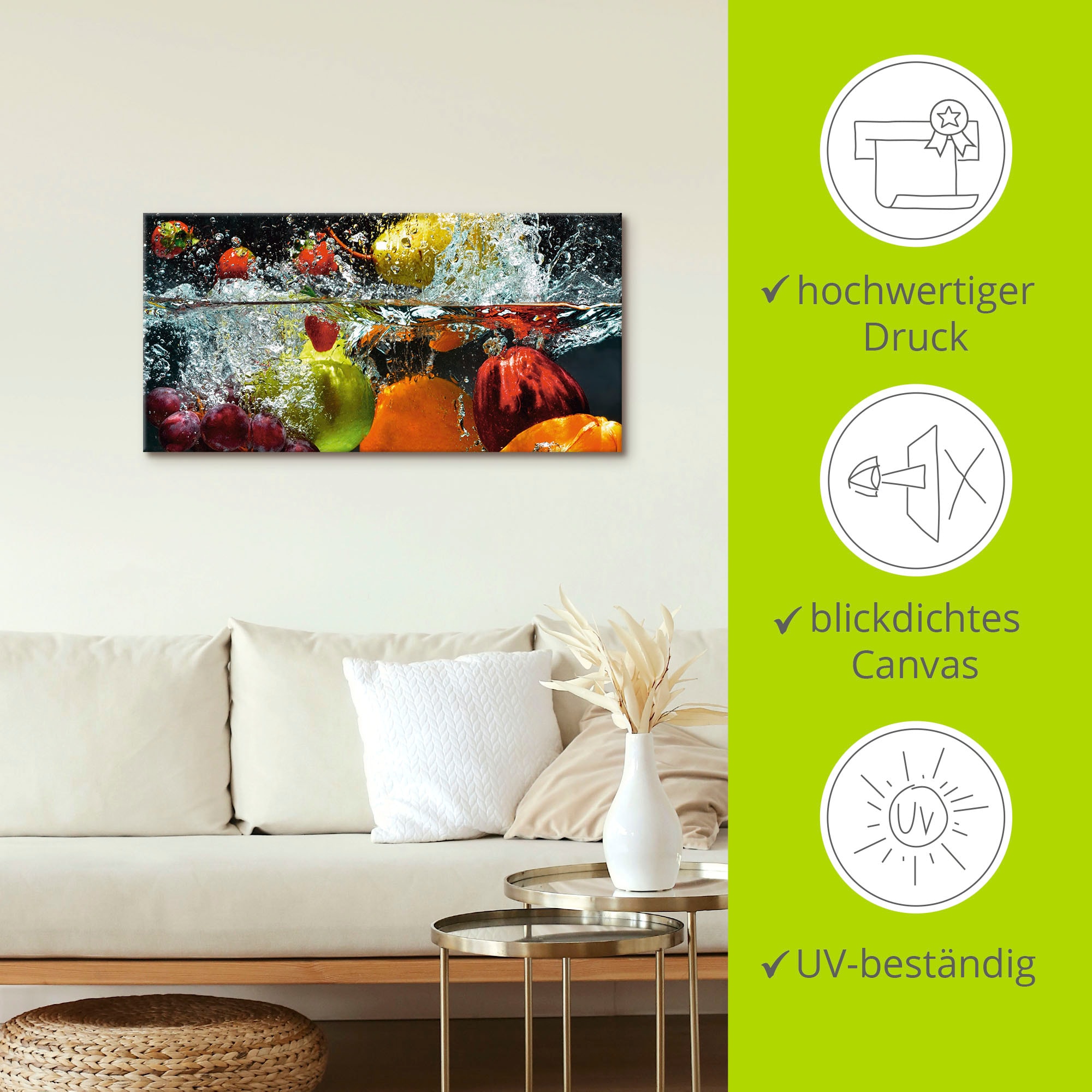 Artland Wandbild »Spritzendes Obst auf dem Wasser«, Lebensmittel, (1 St.), als Leinwandbild, Wandaufkleber in verschied. Größen