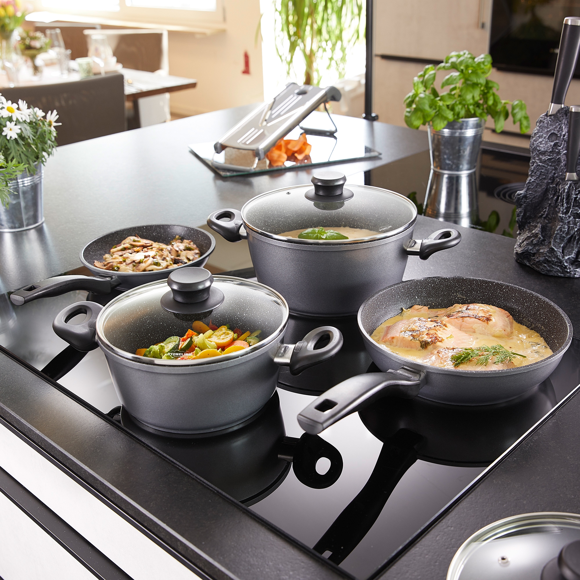 STONELINE Topf-Set, Aluminium, (Set, 5 tlg., Bratentopf 20 cm, Kochtopf 20 cm, Kasserolle 18 cm, Pfanne 20/24 cm), Induktion
