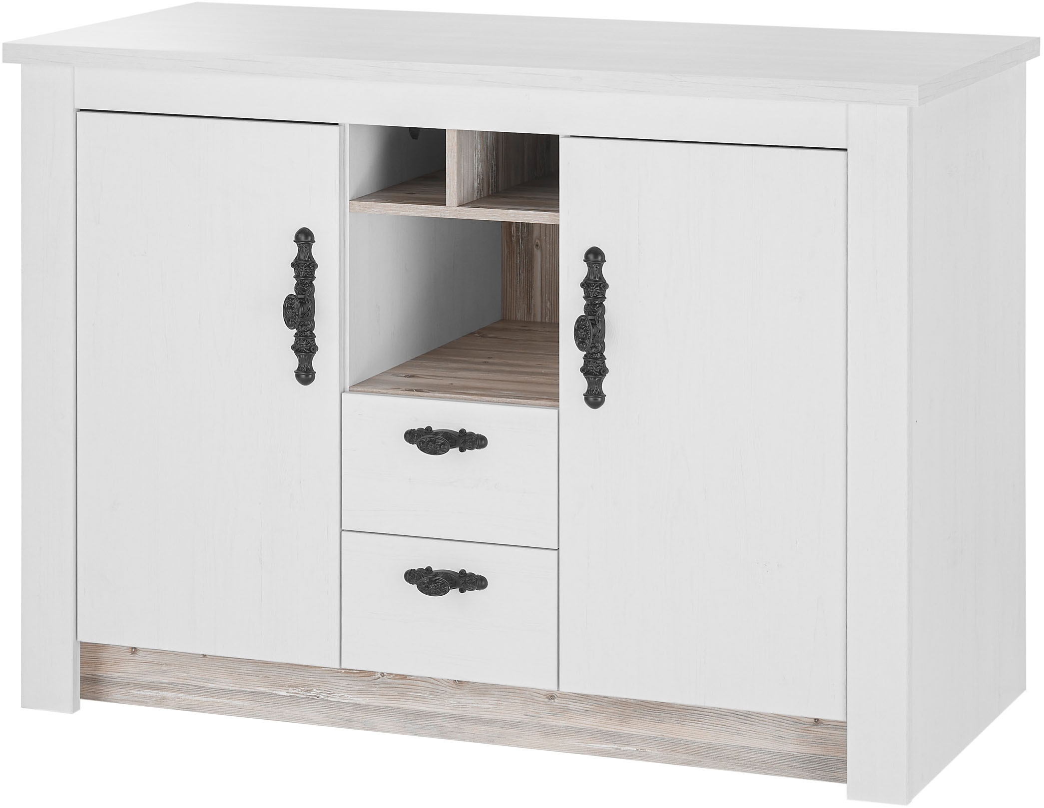 Home affaire, Spülenschrank »Florenz, Küchenunterschrank in Pinie Weiß, Unterschrank« mit verschnörkeltem Metallgriff, im Landhausstil, Arbeitshöhe 92