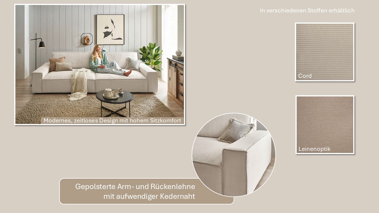 Home affaire Big-Sofa »NEU: SHERWOOD XXL, Big-Sofa (316cm), extra tiefe Sitzfläche 95 cm«, bequemer Sitzkomfort, Cord u. Leinenoptik, Kedernaht