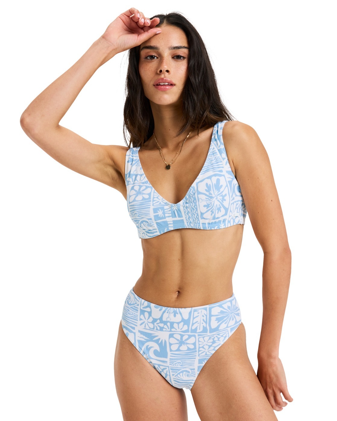 Roxy, Damen, Bikini-Hose »Flowers Wave Mid Waist Mod«, Sky Blue Surfenirs, US-Größen, M - US-Größen, Sky Blue Surfenirs, Stoff: Weicher, flacher Terry