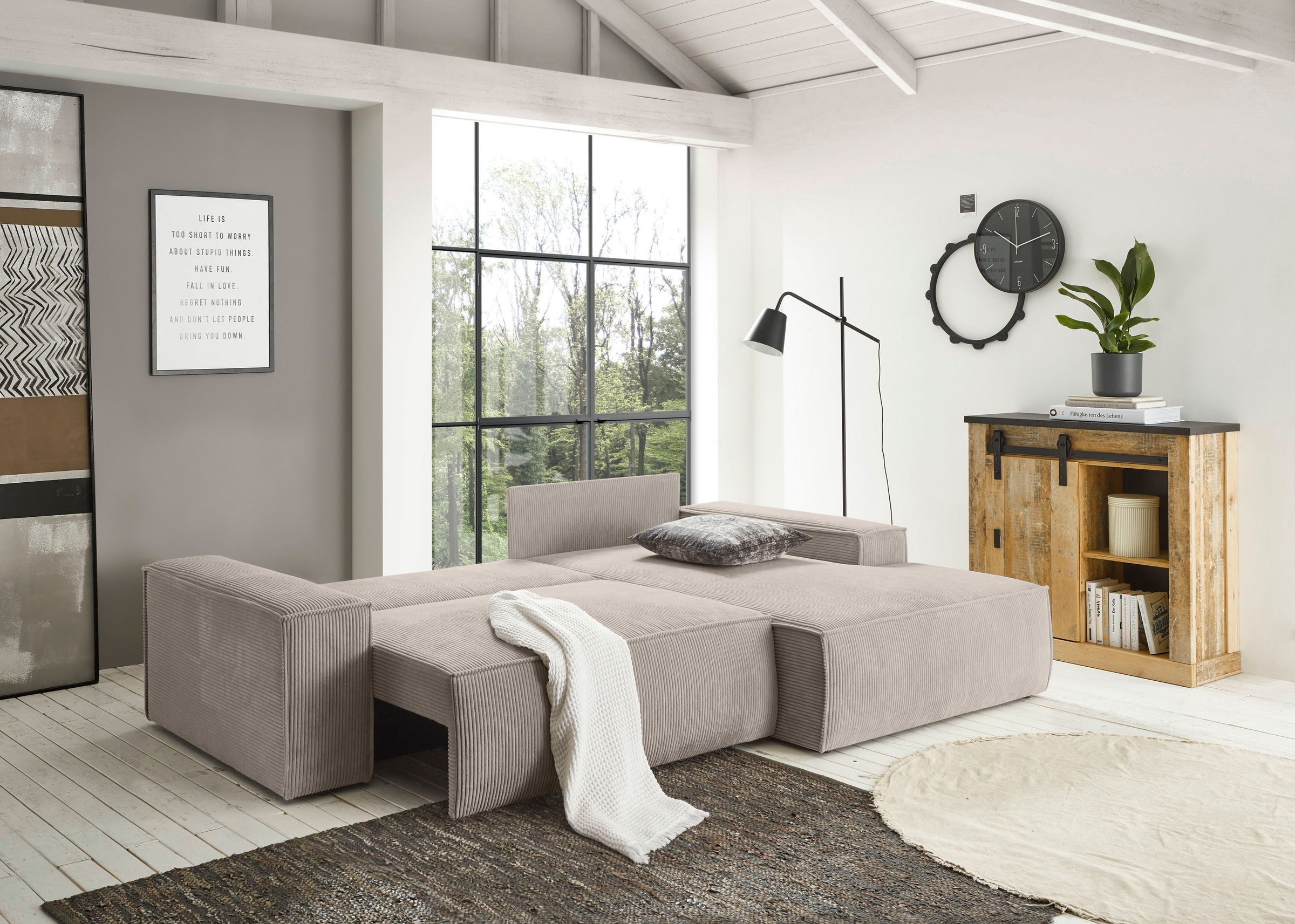 Home affaire Ecksofa »SHERWOOD Schlafsofa 267 cm, L-Form,«, Schlaffunktion mit Bettkasten (210x136 cm), Cord, Vintage, Samtvelours