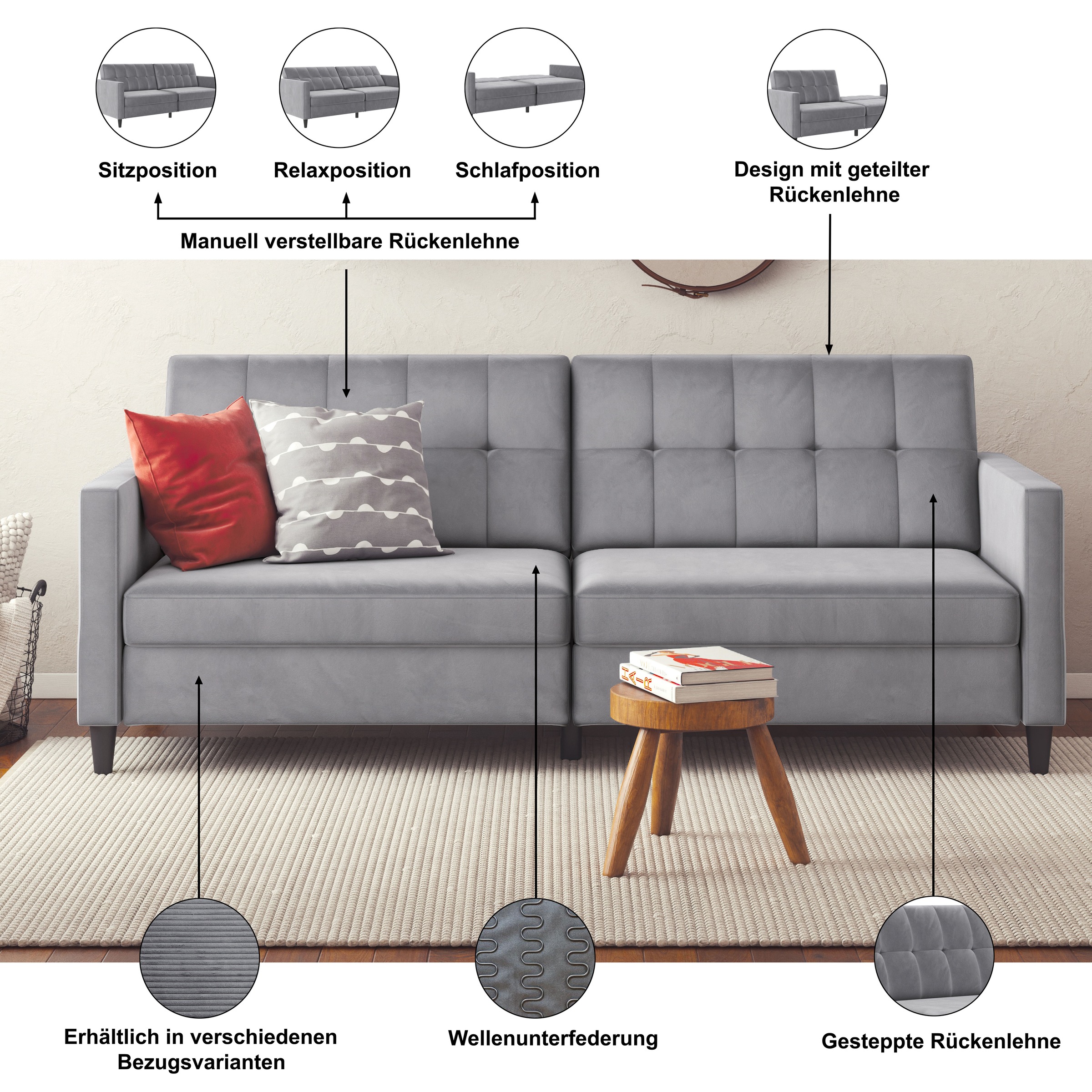 Dorel Home 3-Sitzer »Hartford II« Bettfunktion, Rückenlehne 2-teilig, 3-fach verstellbar, Sitzhöhe 43 cm