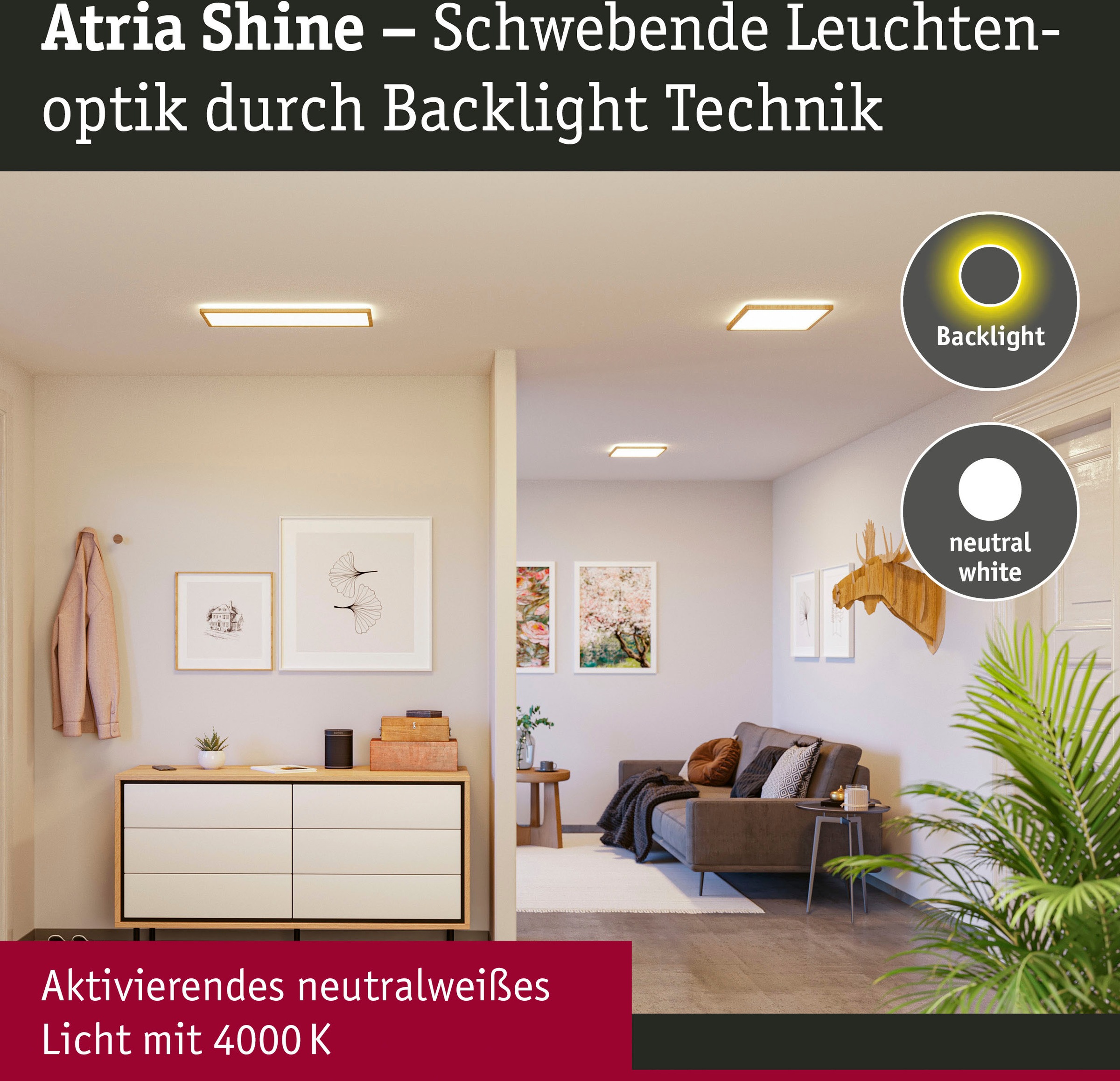 Paulmann LED Panel »Atria Shine 22W 4000K 580x200 Eiche Kunststoff IP44«, 1 flammig, Hintergrundbeleuchtung