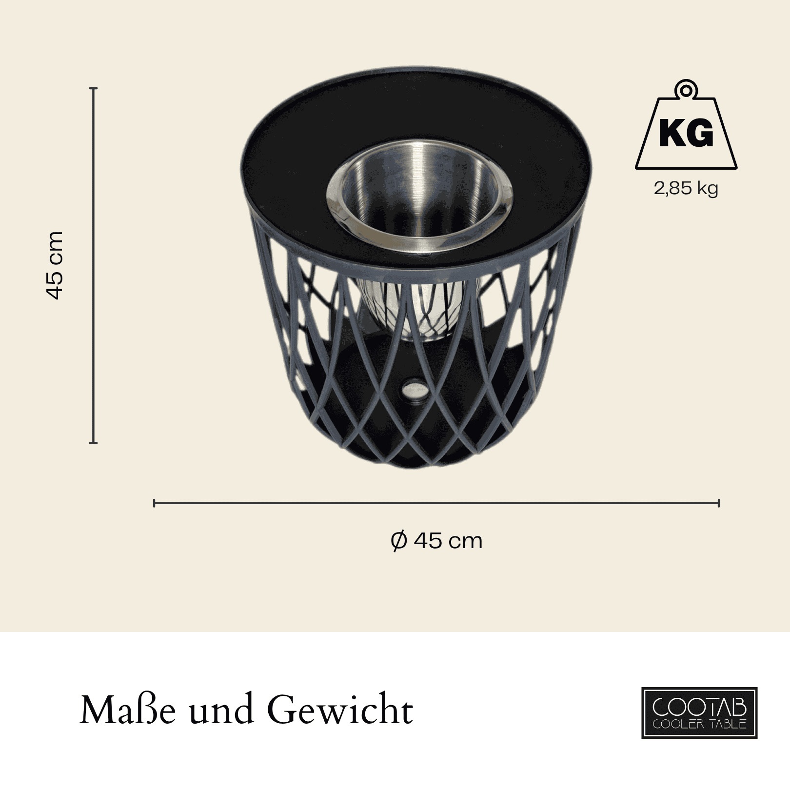 COOTAB Cooler Table Beistelltisch »4-in-1 Loungetisch mit Edelstahl-Kühler Dubai 45 cm schwarz« 1 Stk. tlg. Wetterfest, Pflegeleicht, Hitzebeständig, Stapelbar