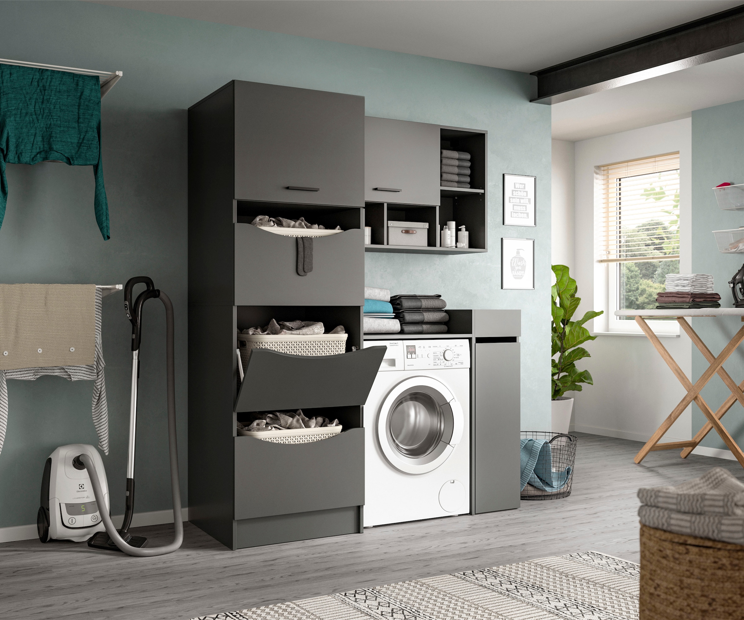 welltime Badmöbel-Set »FALAS, TOPSELLER!, 4-teilig, Hauswirtschaftsraum Set, Breite 126 cm« Set, Wäschschrank, Waschmaschinenumbauschrank, Standregal, Hängeschrank, 4 Stk. tlg.