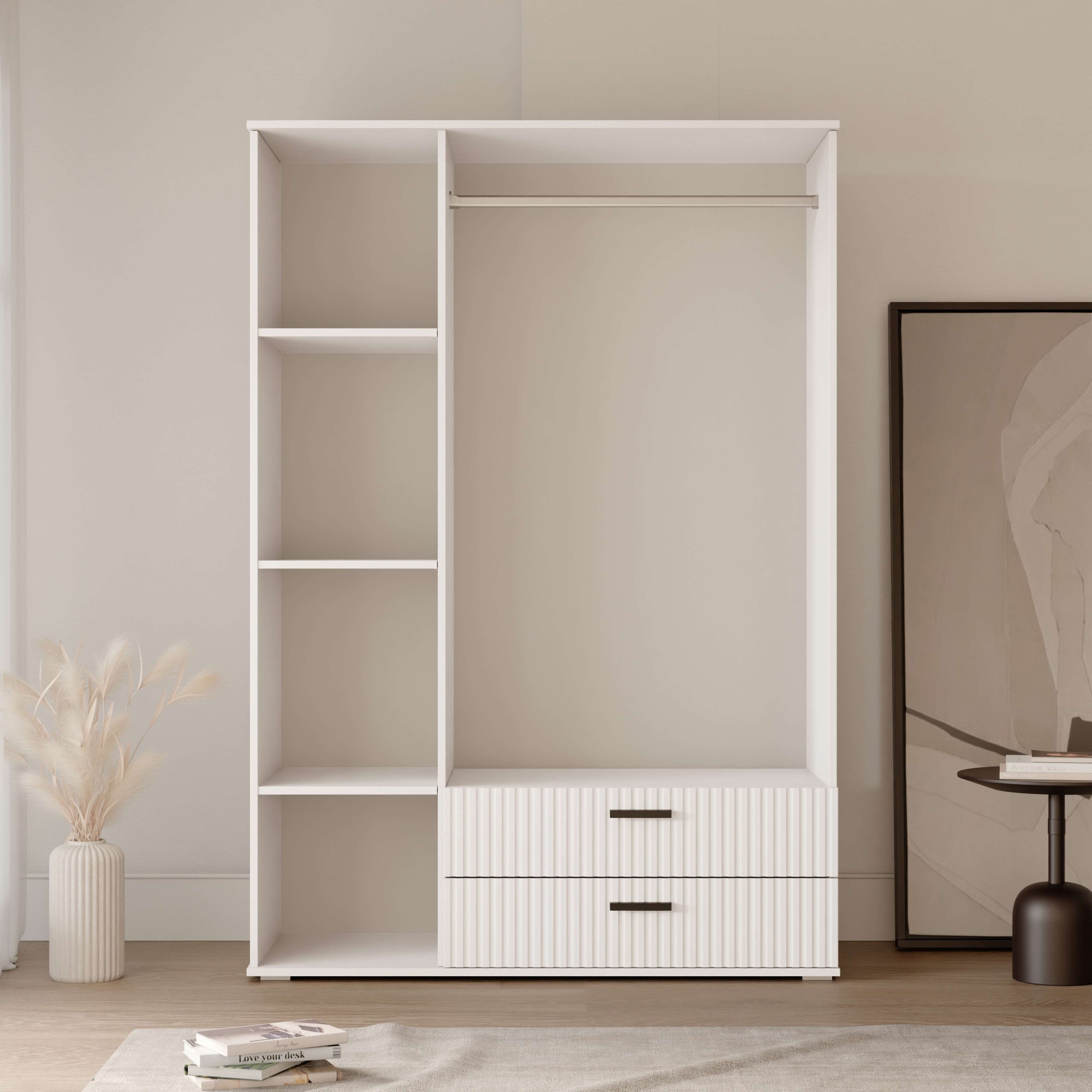 OTTO home Kleiderschrank »KOLLINE, modern mit viel Stauraum & geriffelter Struktur« H/B/T ca. 190/135/52cm,  Garderobe 4 Fächer, Kleiderstange, 2 Schubladen, 2 Spiegel