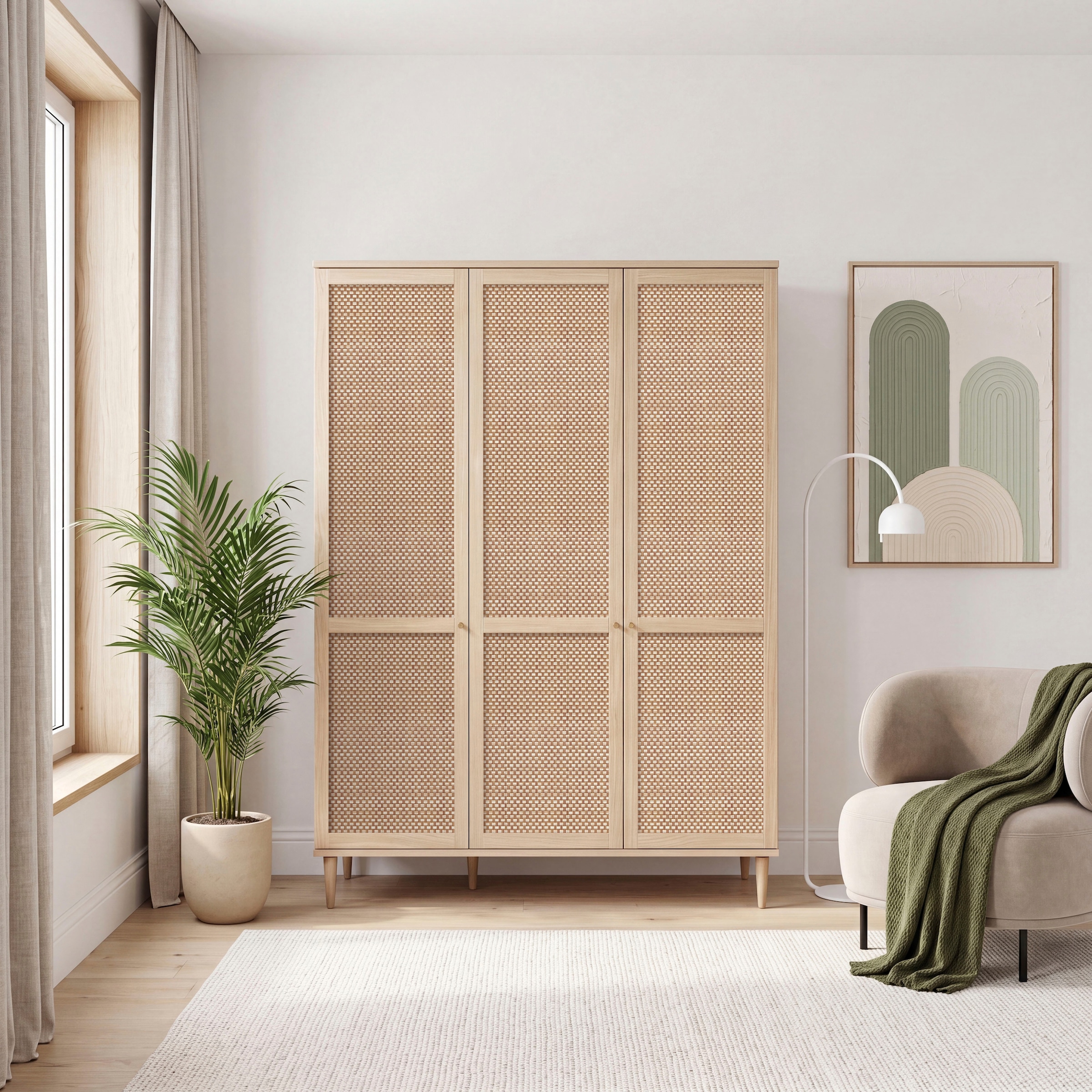 OTTO home Kleiderschrank »ELLIAN mit natürlicher Geflechtoptik und warmem Holzdekor« Holzfüße, Metallgriffe, Made in EU, viel Stauraum, FSC® zertifiziert