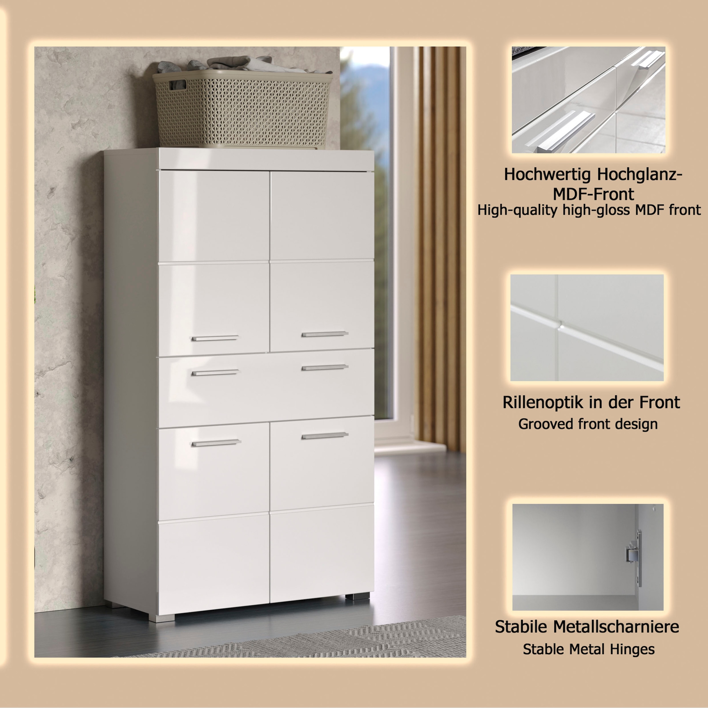 welltime Midischrank »Avena« Standschrank mit 4 Türen, 1 Schublade - (B/T/H) 73/31/130 cm