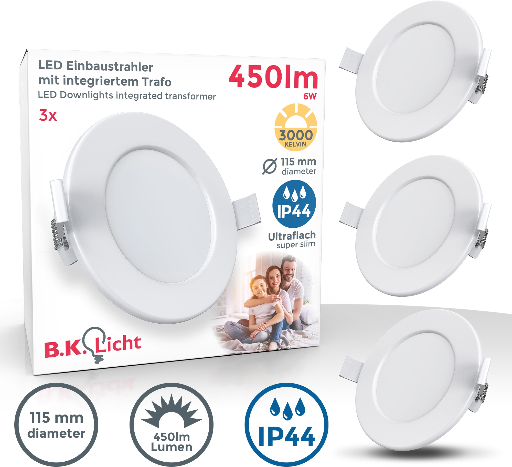 450LM flach, XXL Bad, kaufen | IP44 ultra 3x online Einbauspots, 3000K, Garantie LED 5W mit Jahren B.K.Licht 3 Einbauleuchte, inkl.